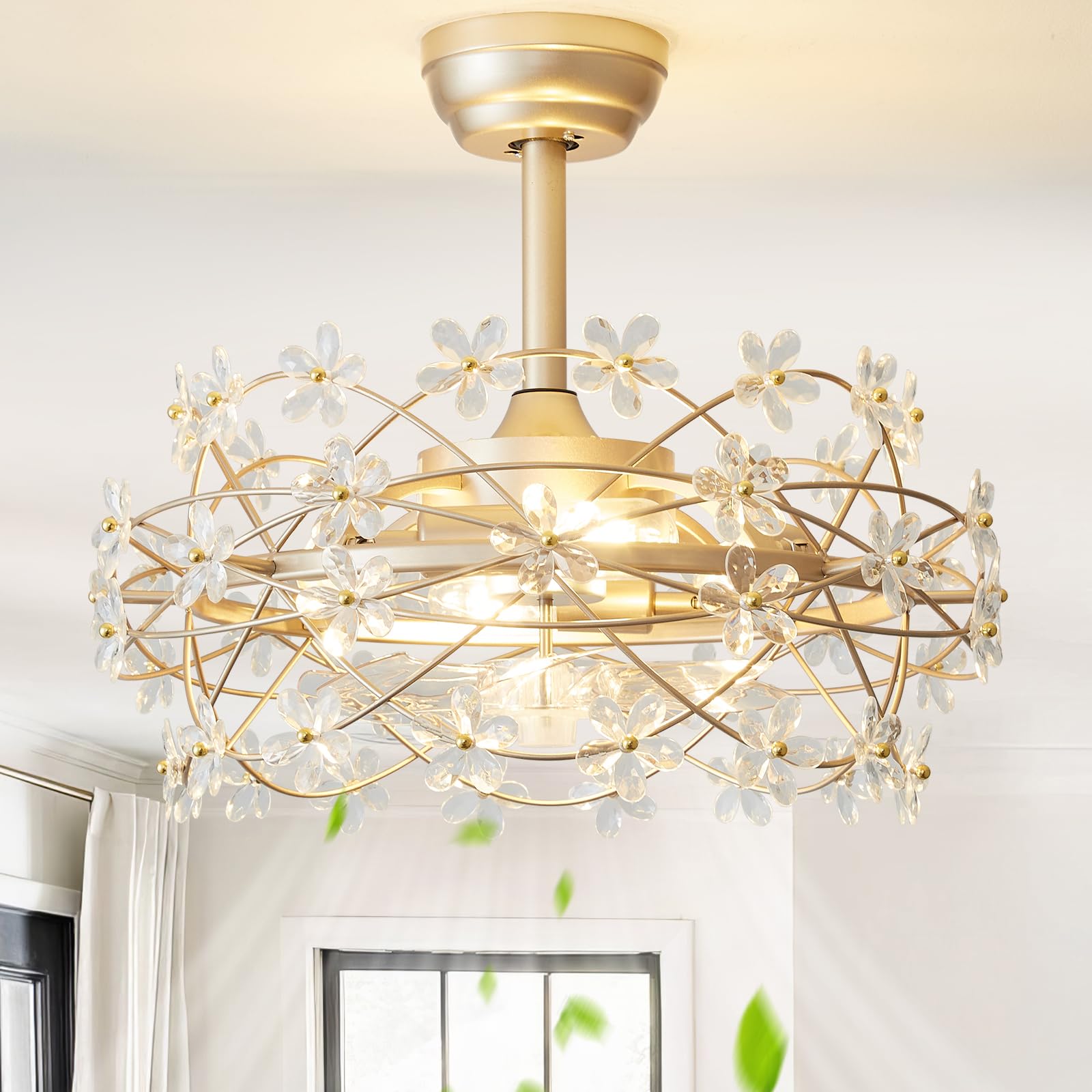 SYDACG 20 Gold Crystal Fandelier Ceiling Fan with Light, Mid-Century Chandelier Ceiling Fan with Light Remote Control, Flower Ca