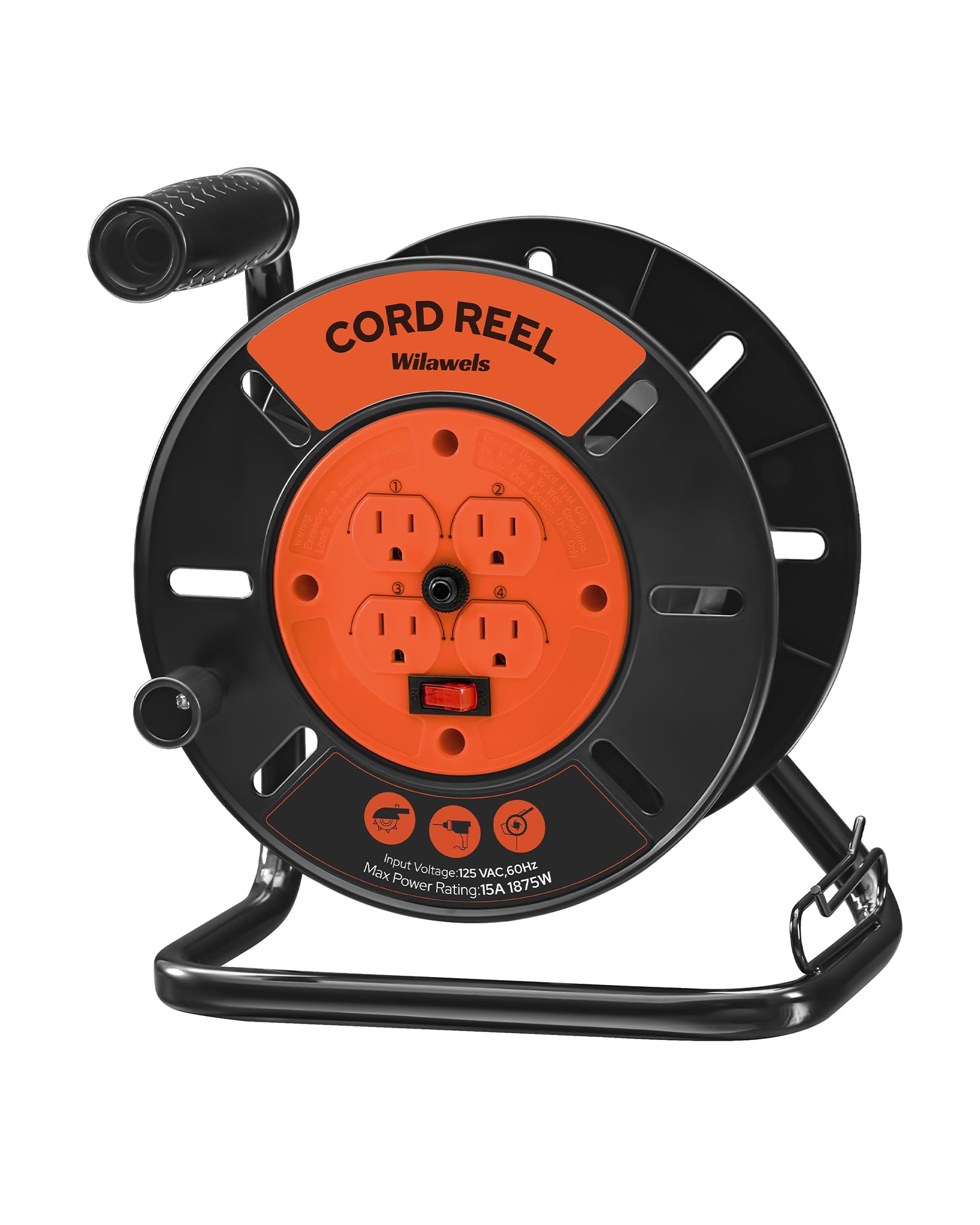 Wilawels Extension Cord Storage Reel With 4 Grounded Outlets, Heavy Duty Open Cord Reel For 12/3,14/3,16/3 Gauge Power Cord, Han