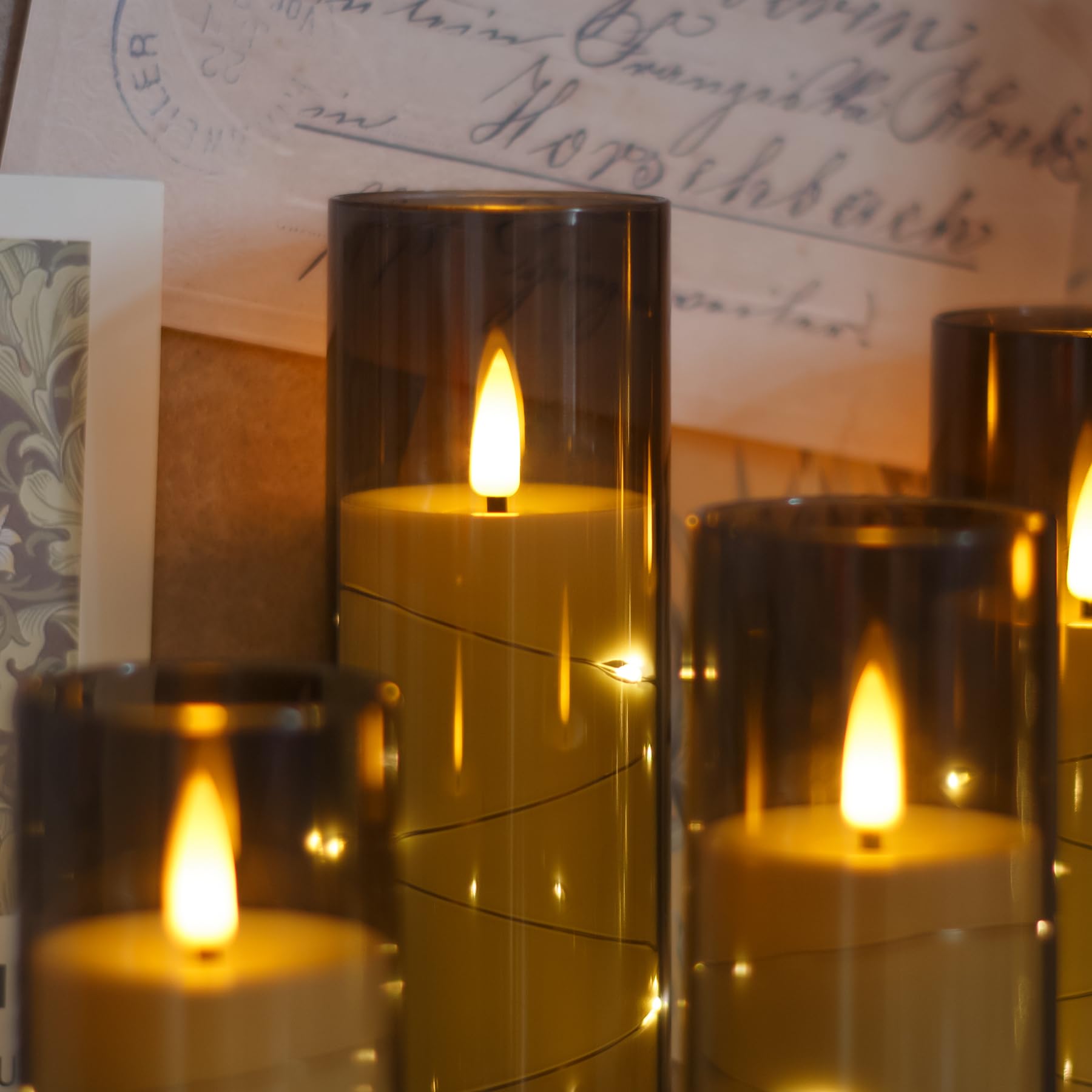 Zevanor Flameless Flickering 2.2'' X5'' 6'' 7'' 8'' 8'' Candles, Led Battery Operated Grey Clear Plastic Timer Pillar Realistic