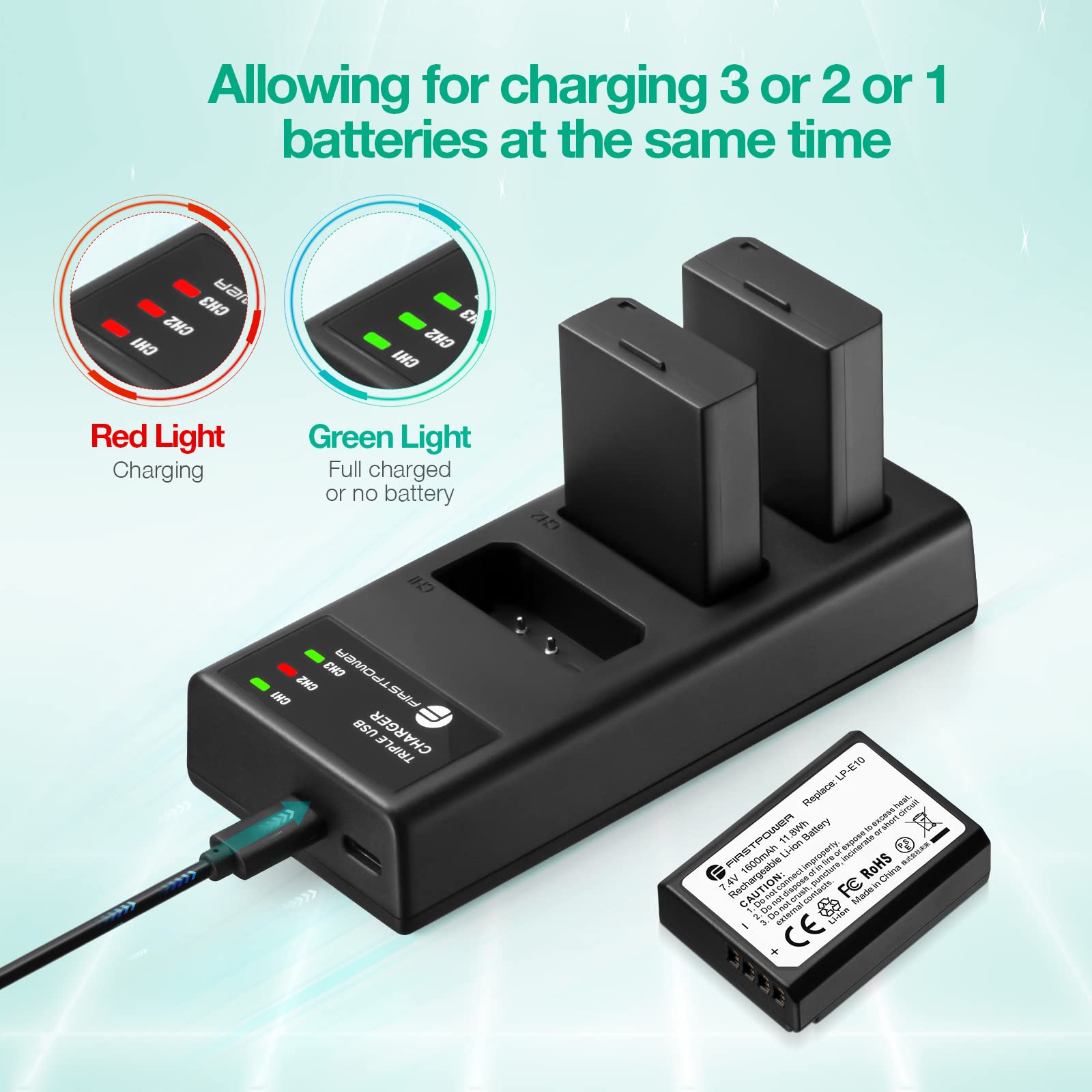 FirstPower LP-E10 Battery 3-Pack with Triple Charger for Canon EOS Rebel T100, T7, T6, T5, T3 - Black