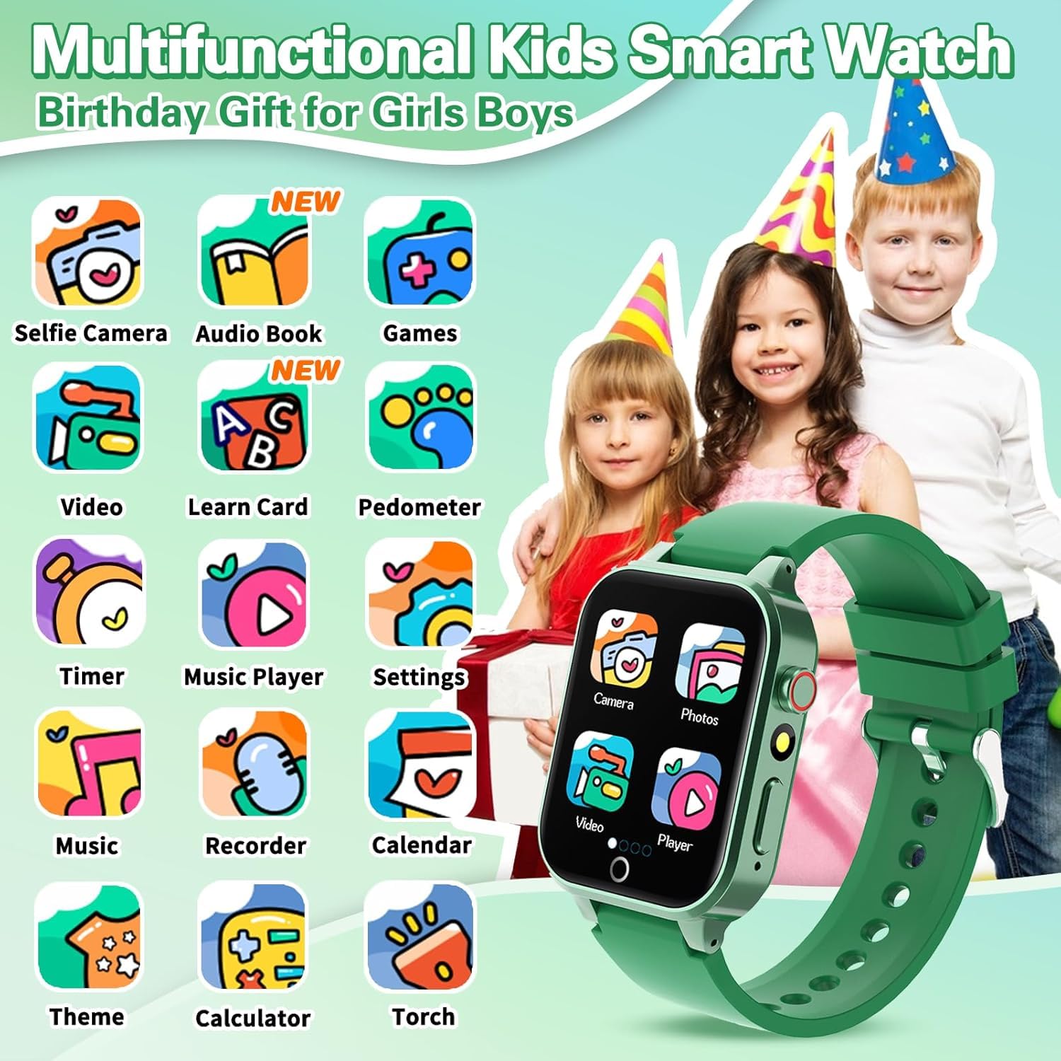Vakzovy Kids Smart Watch For Boys With 26 Games, Hd Touchscreen Camera Music Player Flashlight Pedometer Audiobook, Birthday Gif