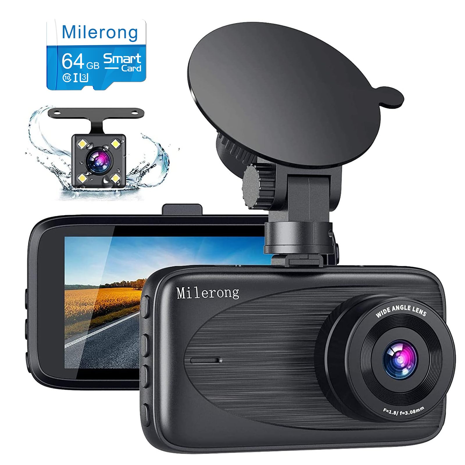 Dash Cam Front And Rear With 64Gb Card, Milerong 1080P Fhd Dashcam Front And Rear Camera, 3'' Ips Screen Front And Rear Dash Cam
