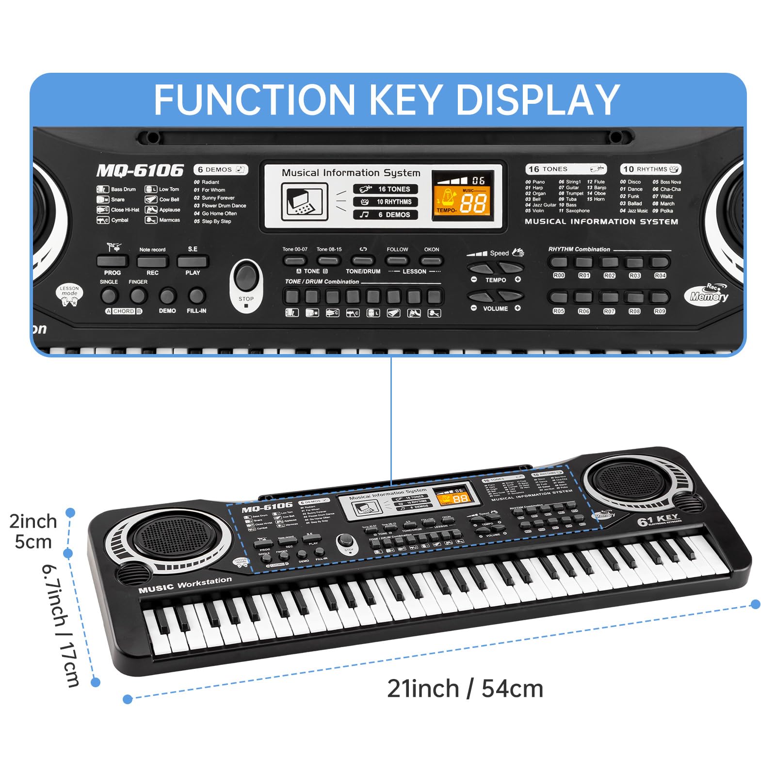 61 Key Piano Keyboard For Kids, Electronic Music Toy For Beginners, 16 Tones, 10 Rhythms, 6 Demos, Built-In Recording, Perfect C