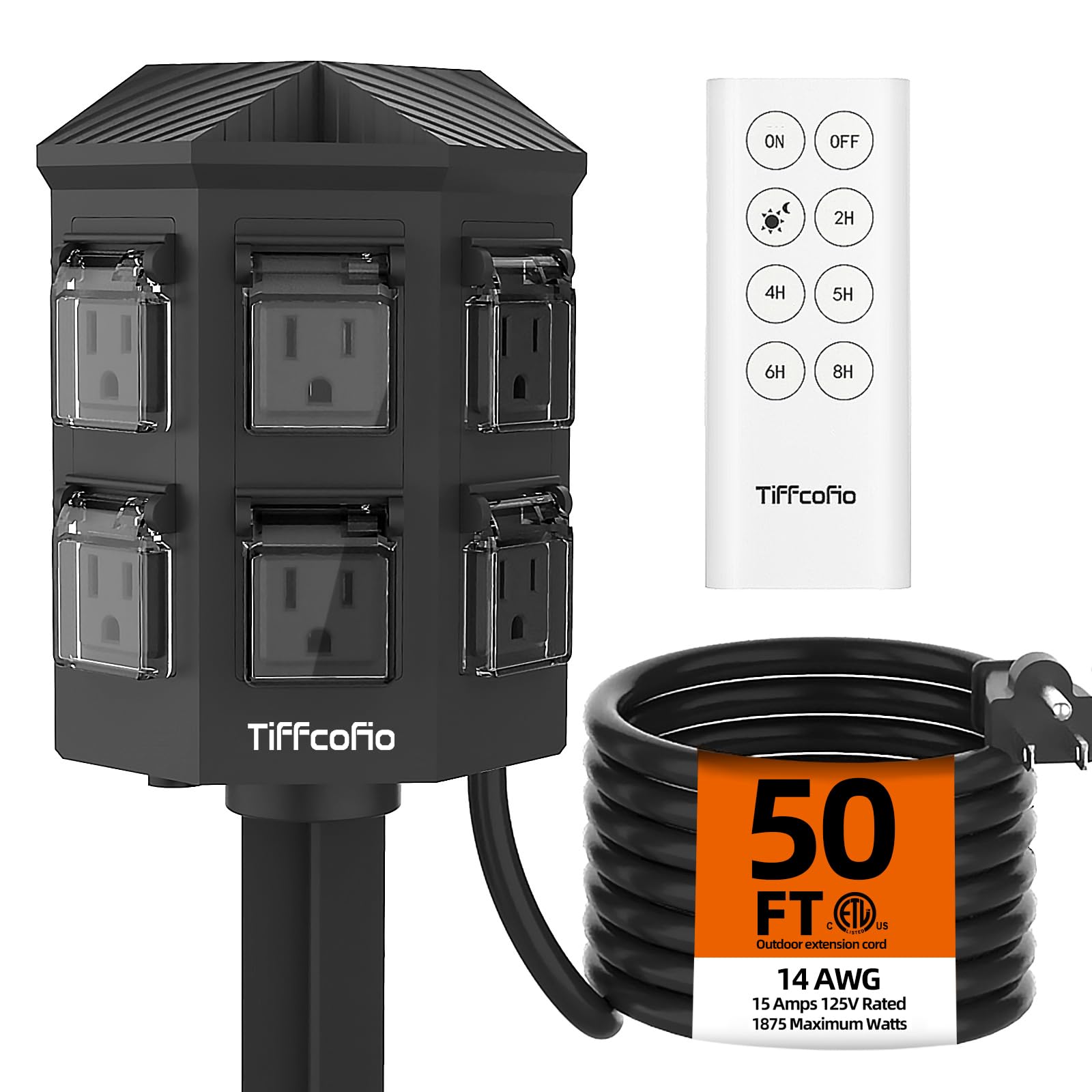 Tiffcofio Outdoor Power Stake Timer, 50Ft Extension Cord Waterproof, Remote Control Dusk To Dawn Sensor Light Timer, 6 Grounded