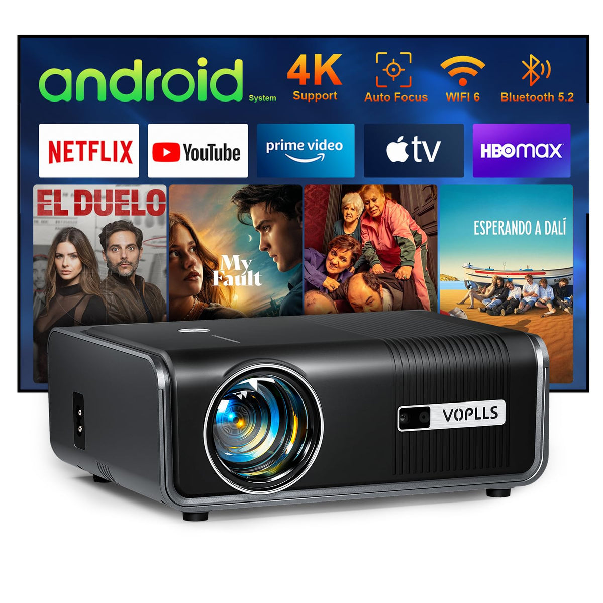 [Built In Apps & Auto Focus/Keystone] 4K Smart Projector With Wifi And Bluetooth, Voplls 600Ansi Native 1080P Outdoor Projector,