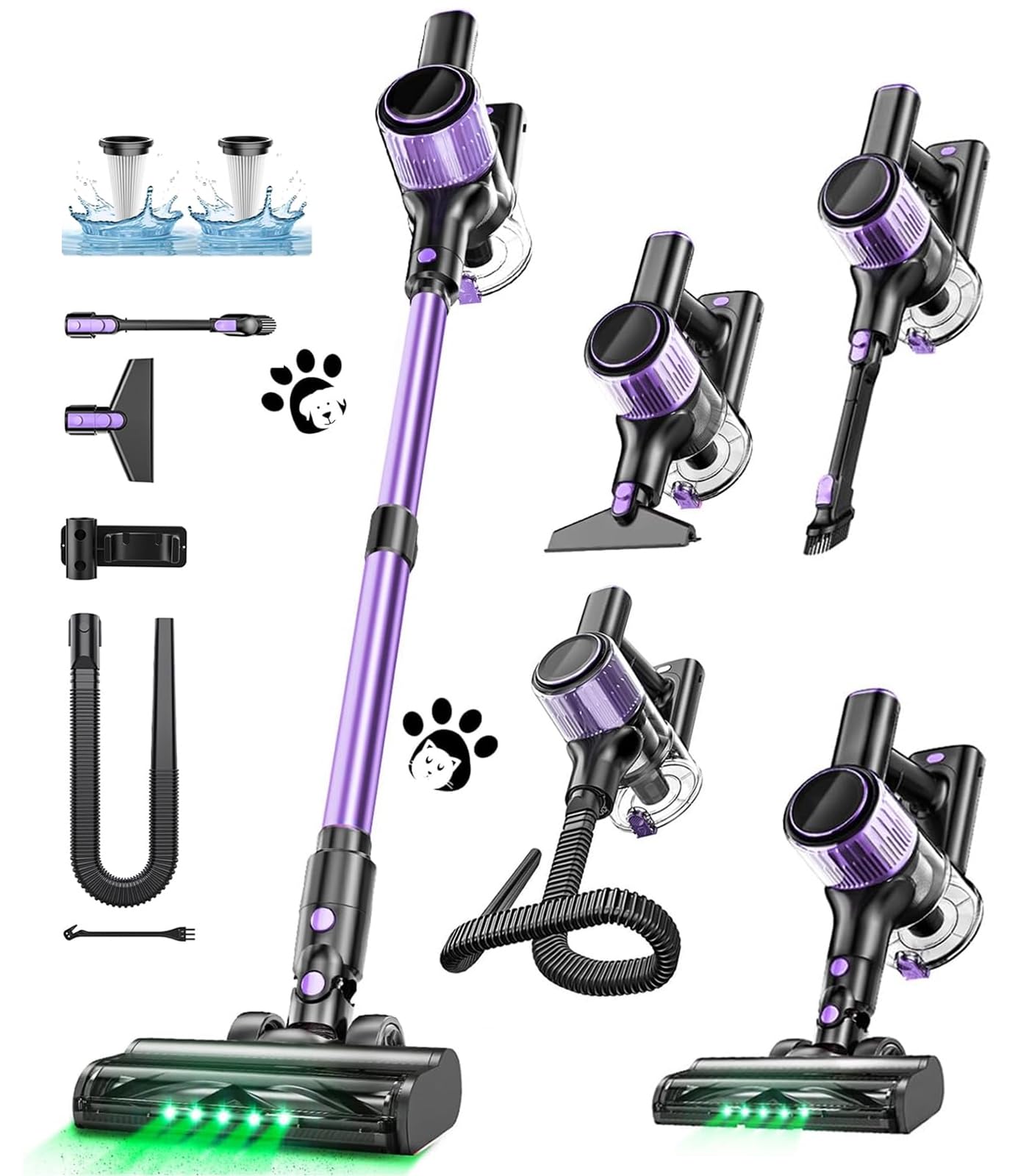Cordless Vacuum Cleaner, 10 in 1 Stick Vacuum with Powerful Suction, Hose, Green LED Light, Anti-Tangle Brush, Lightweight Recha
