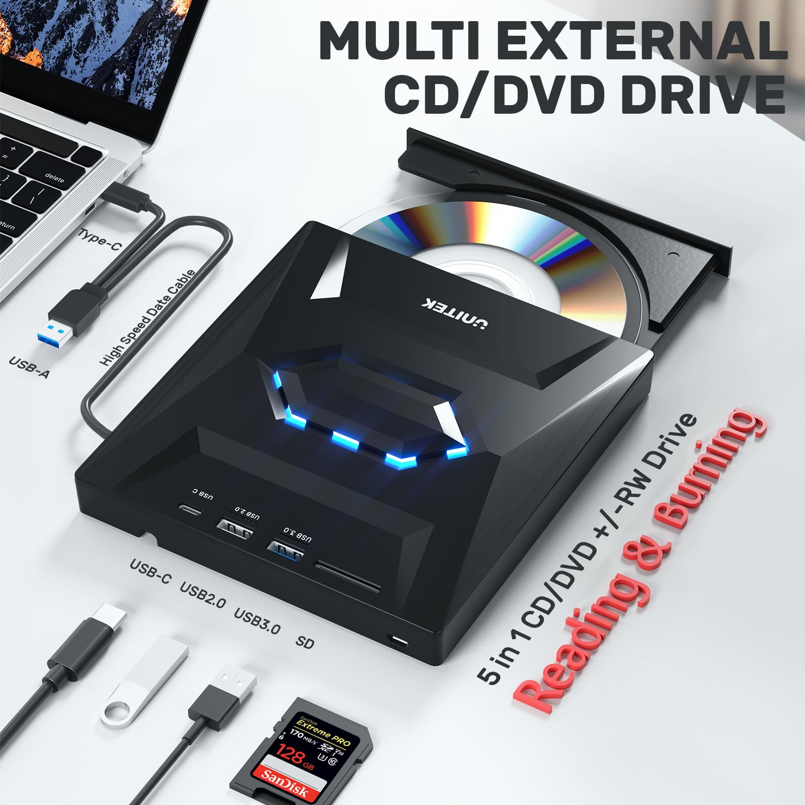 Unitek External Cd Dvd Drive, Usb C Portable Cd/Dvd +/ Rw Drive/Dvd Player With Sd Card Reader Usb 3.0 Usb C Hub Cd Rom Burner C