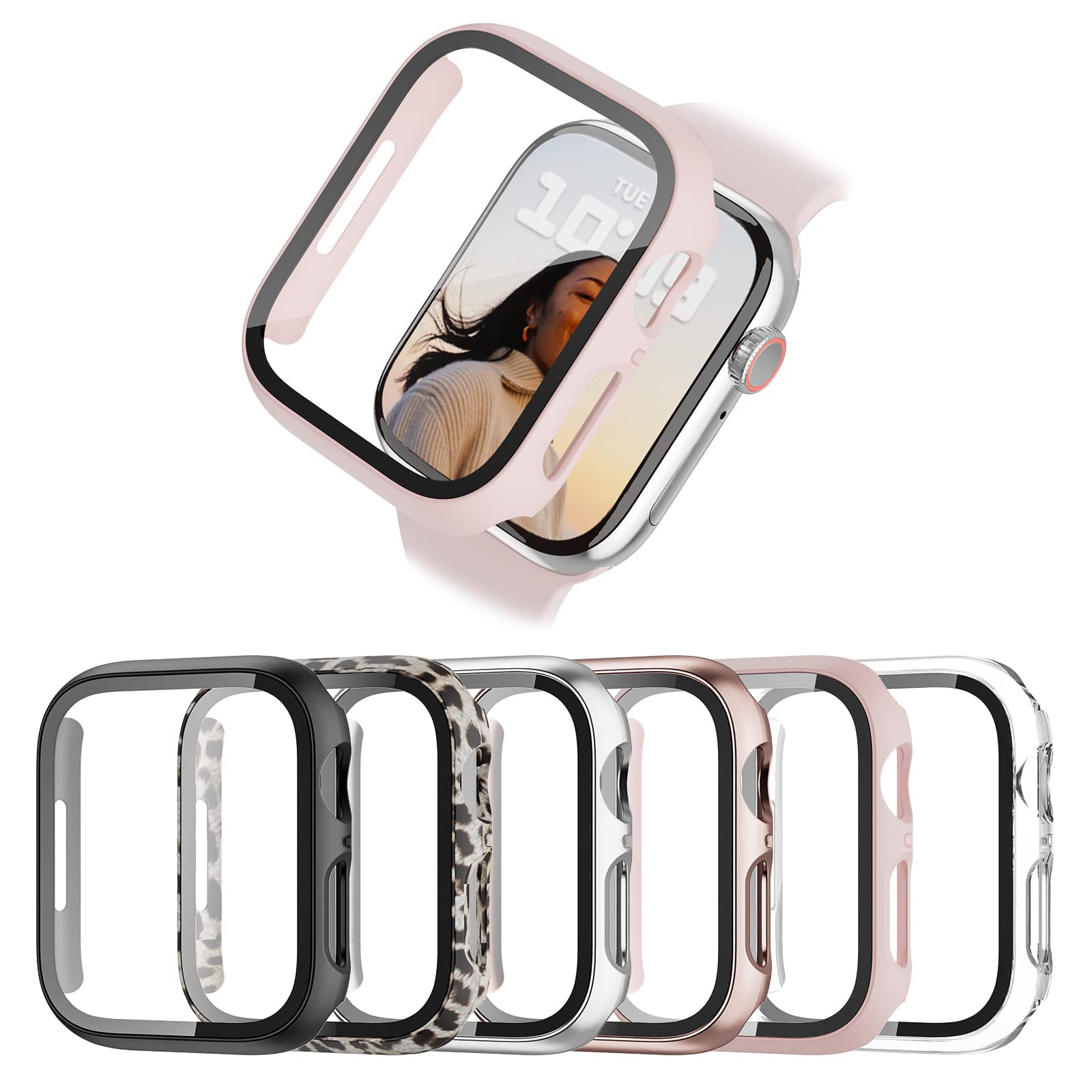 BHARVEST 6-Pack Hard PC Case with Tempered Glass Screen Protector for Apple Watch Series 9, 8, 7 45mm
