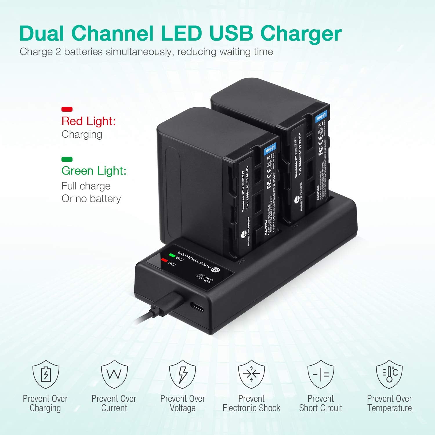 Firstpower 2 Pack Np F970 Batteries And Usb Dual Charger For Sony Np F970 F960 F950 F930 F750 F570 F550 F530 F330 Battery And So