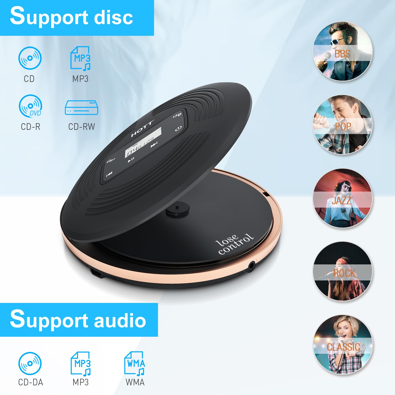 Cd Player Portable With Bluetooth Walkman Bluetooth Cd Player With Fm Transmitter Touch Button And Lcd Display,Rechargeable Disc