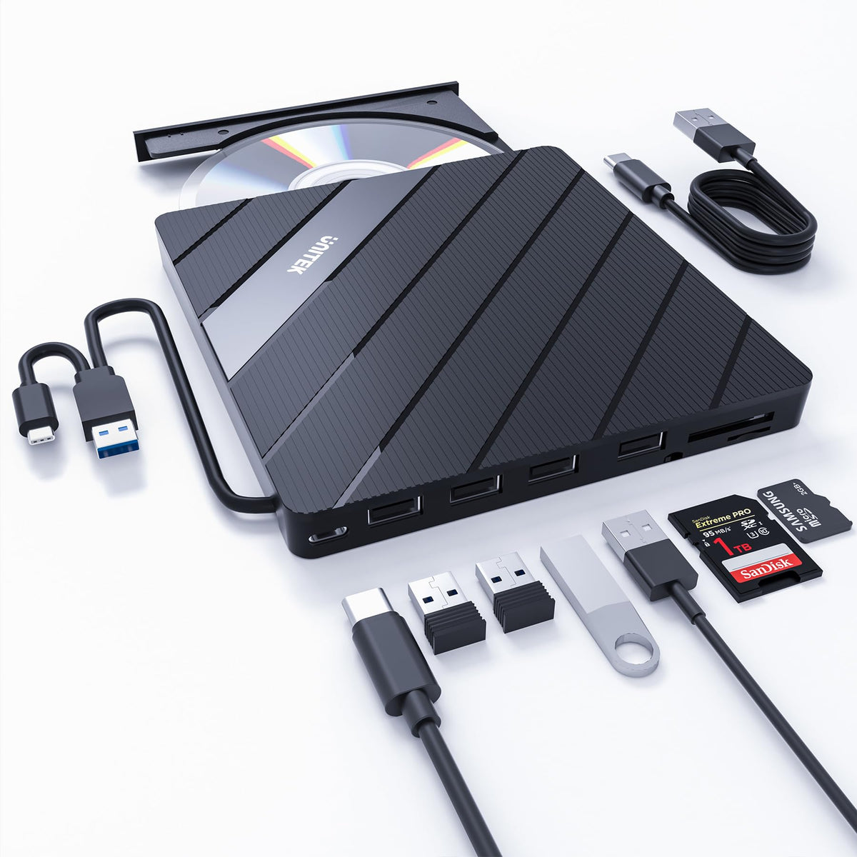Unitek External Dvd Driver Usb C Portable Cd/Dvd +/-Rw Drive/Dvd Player With Sd Card Reader Usb 3.0 Hub Usb C Power Port Cd Rom 