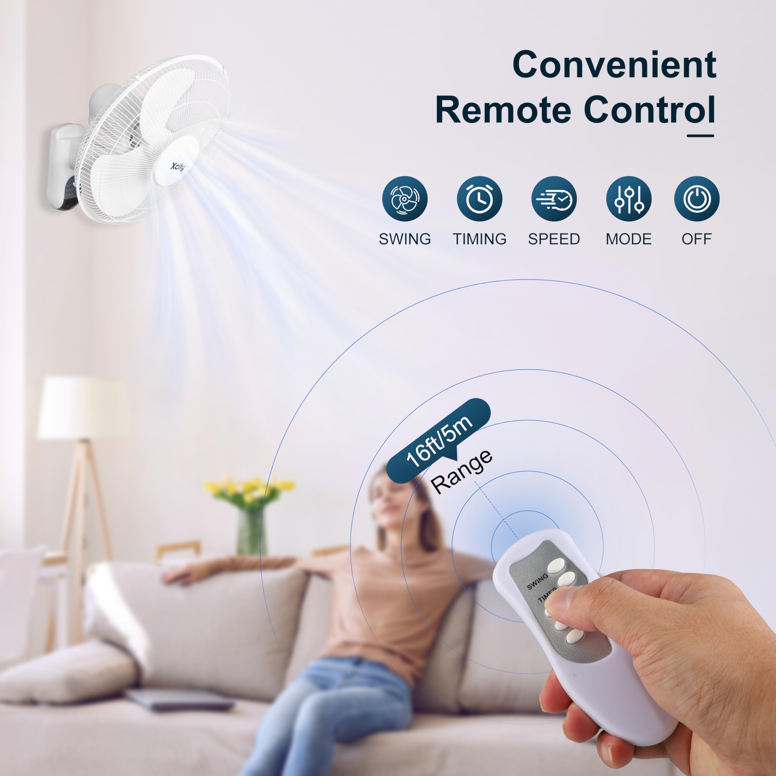 Xcity 16 Inch Wall Mounted Fan With Remote Control, 3 Speeds, 3 Modes, Timer, 90 Oscillating & 60 Adjustable Tilt, High Velocity