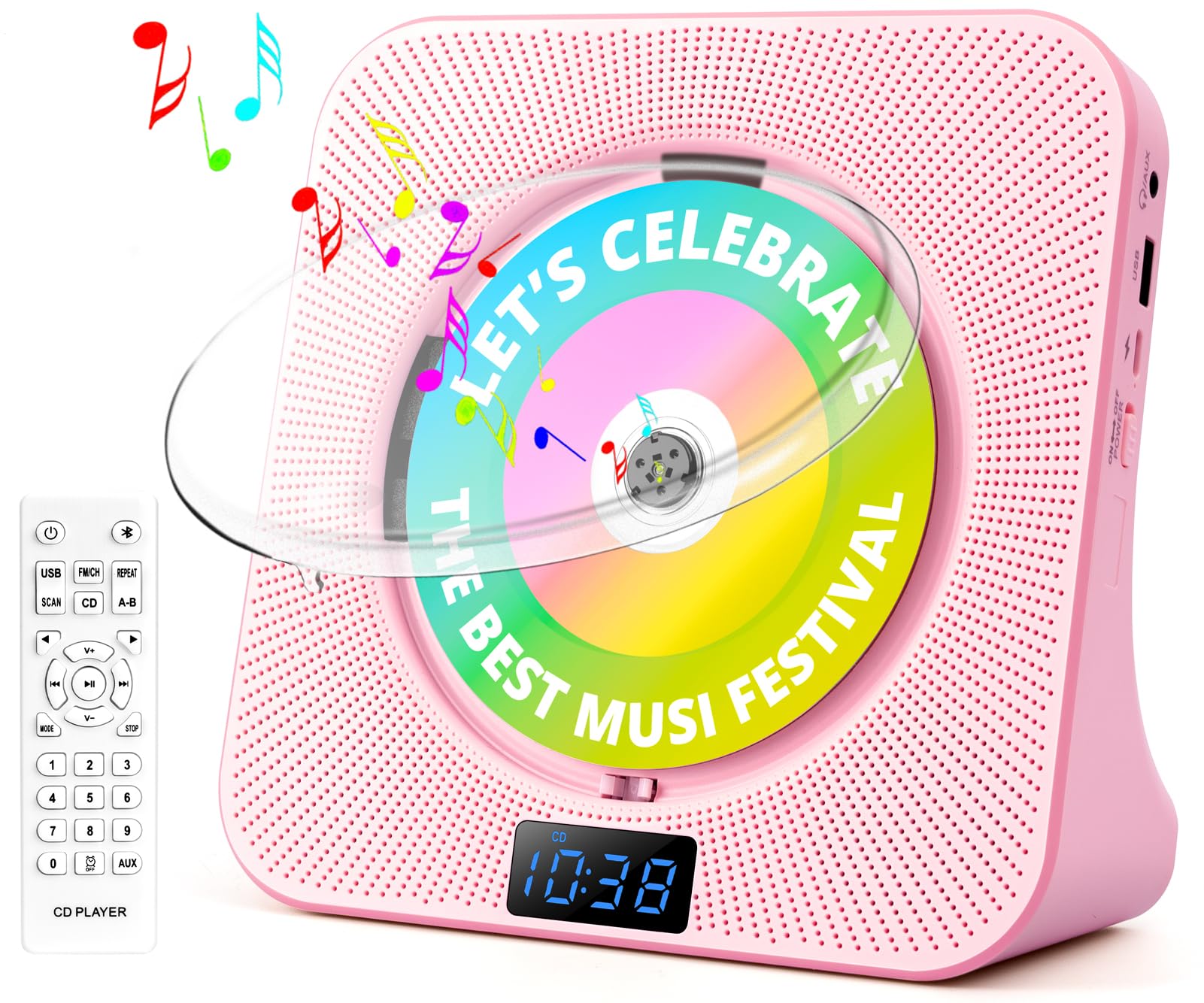 Desktop CD Player with Speakers, ROADOM Bluetooth CD Player with Hi-Fi Stereo Sound, Remote Control, Supports CD/Bluetooth/FM Ra