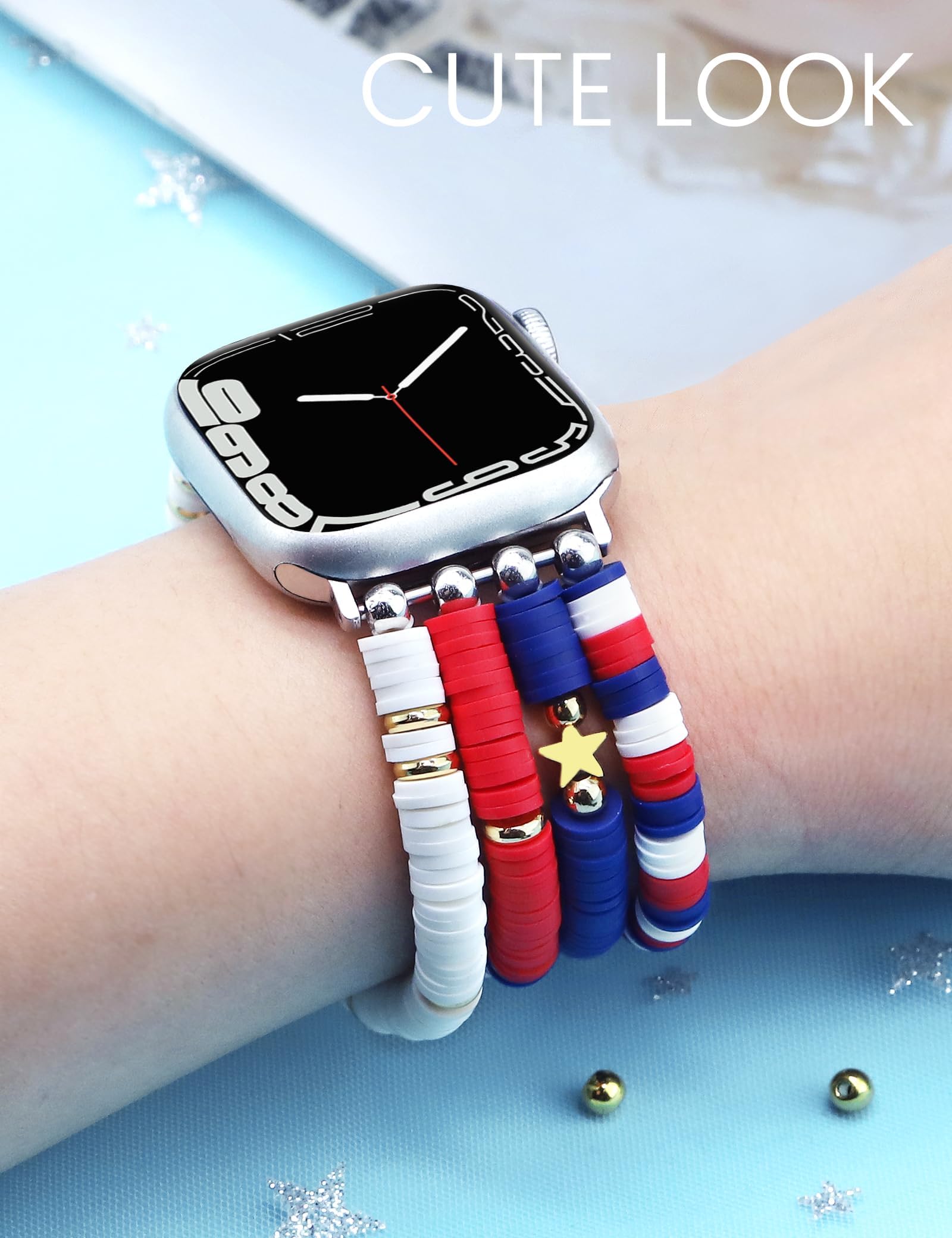 Jr.Dm Beaded Bracelet Compatible With Apple Watch 40Mm 38Mm 41Mm 42Mm For Women, Us America Flag Cute Preppy Handmade Elastic Wa