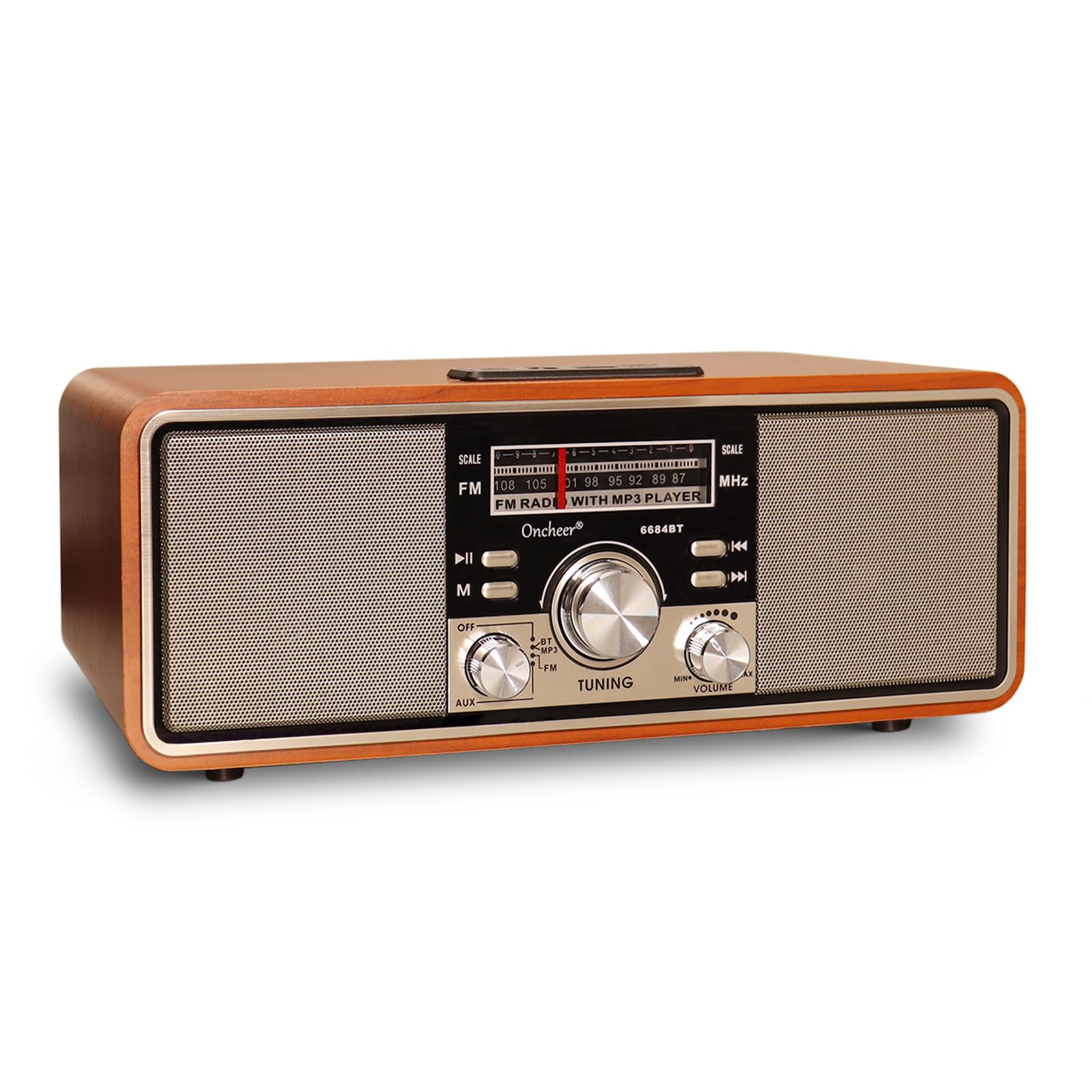 Oncheer Retro Vintage Fm Radio For Home, Wood Speaker Radios With Bluetooth Tws Pairing, Dual Horns Loud Sound, Battery Powered,