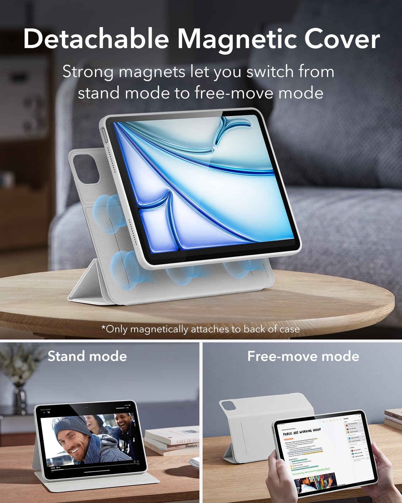 Esr For Ipad Air 11 Inch Case (2025) M3/M2, Ipad Air 7Th/6Th/5Th/4Th Generation Case (2024/2022/2020) 10.9 Inch With Pencil Holder, Removable Magnetic Cover, Vertical Stand, Rebound 360 Series, White