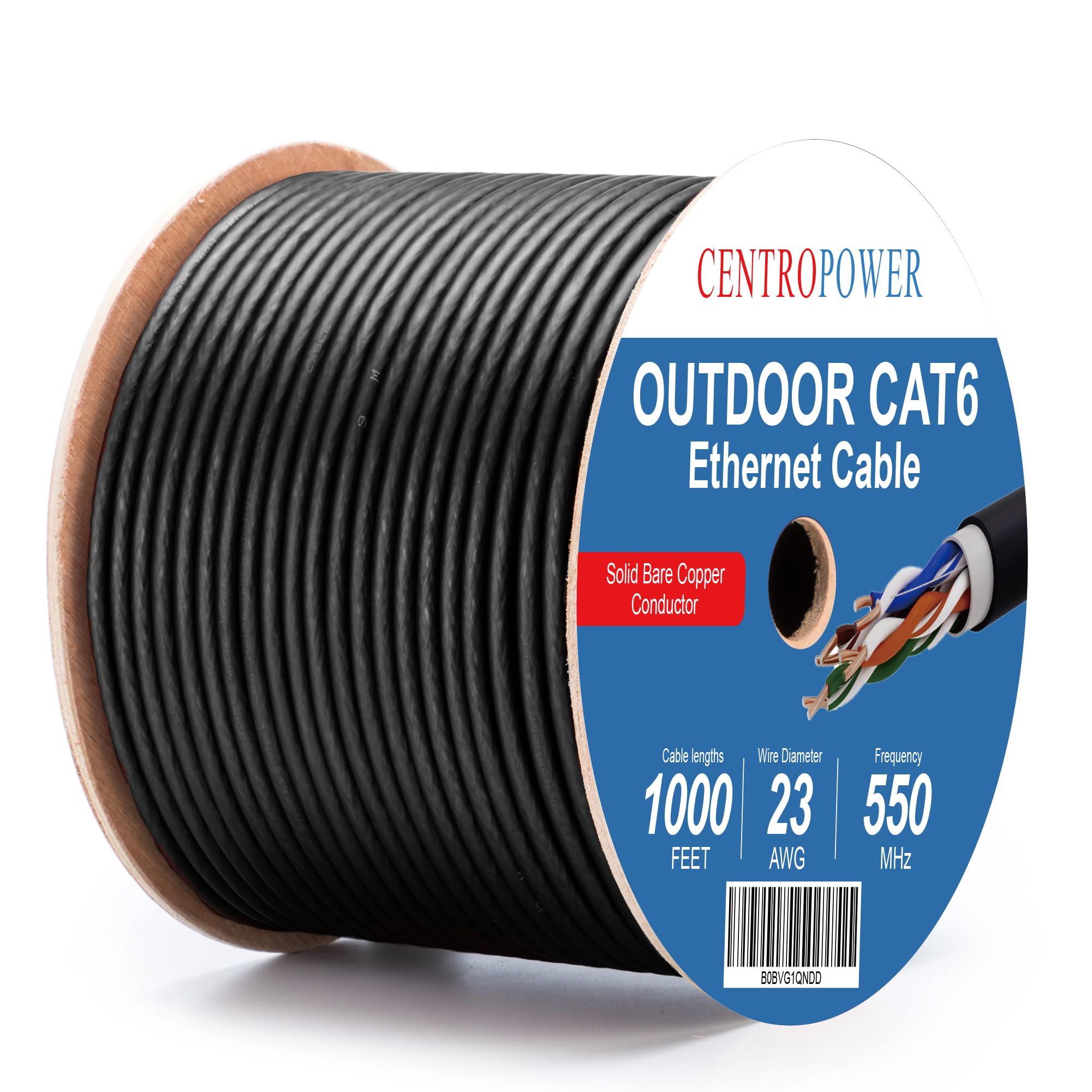 1000Ft Outdoor Direct Burial Cat 6 Ethernet Cable   Waterproof, Uv Resistant, Ul Listed, 23Awg Solid Bare Copper, 550Mhz, Poe++, Unshielded Utp Lan Internet Cable, Reel Mounted   4Ppoe Compatible