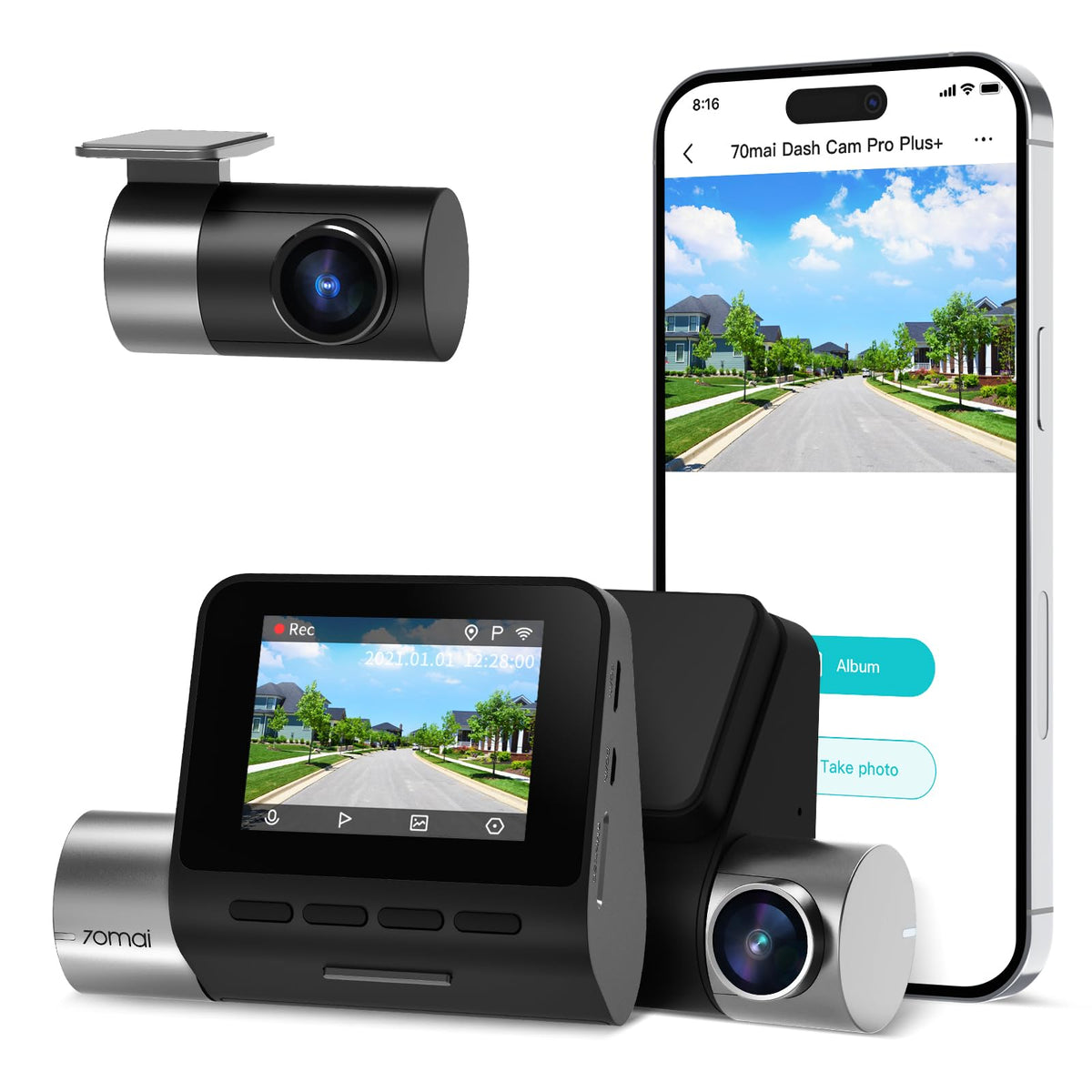 70Mai True 2.7K 1944P Ultra Full Hd Dash Cam A500S, Front And Rear, Built-In Wifi Gps Smart Dash Camera For Cars, Adas, Sony Imx
