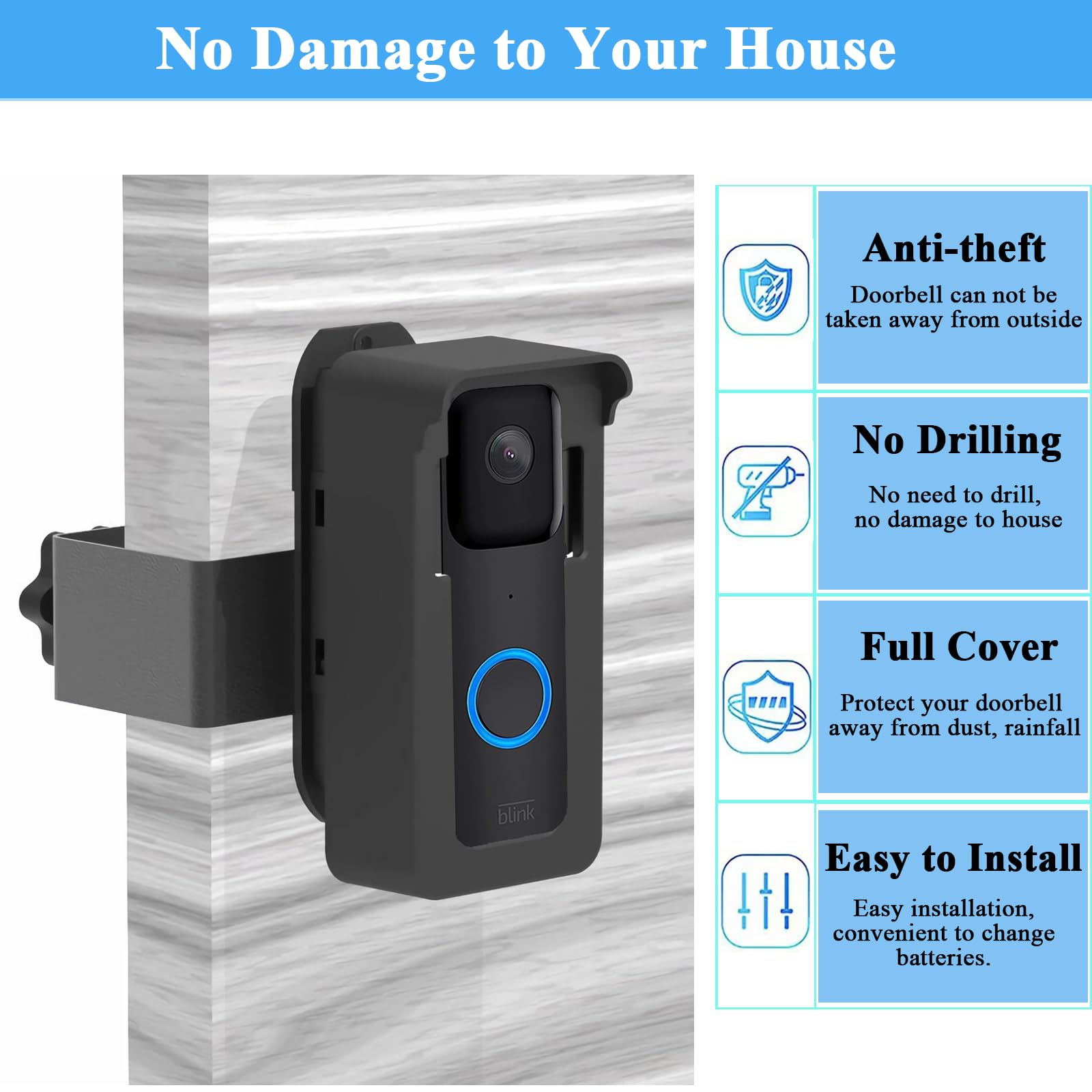 Anti Theft Blink Doorbell Mount, Adjustable Angle Mount Kit (Up To 110 Degrees Tilt) For Blink Video Doorbell, No Drill Mounting