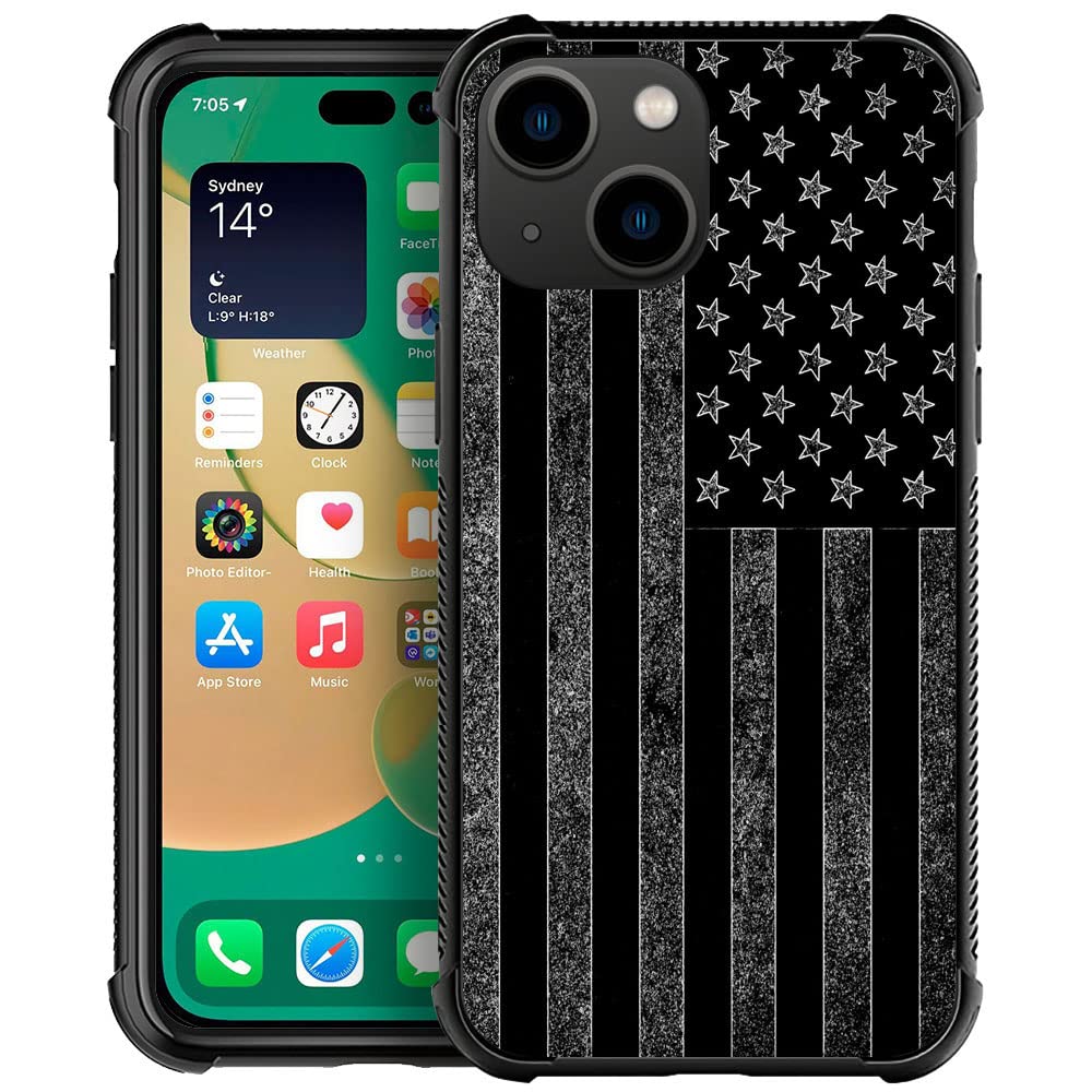 Compatible With Iphone 14 Plus Case, Black And White American Flag 14 Plus Cases, Tempered Glass Back+Soft Silicone Tpu Shock Pr