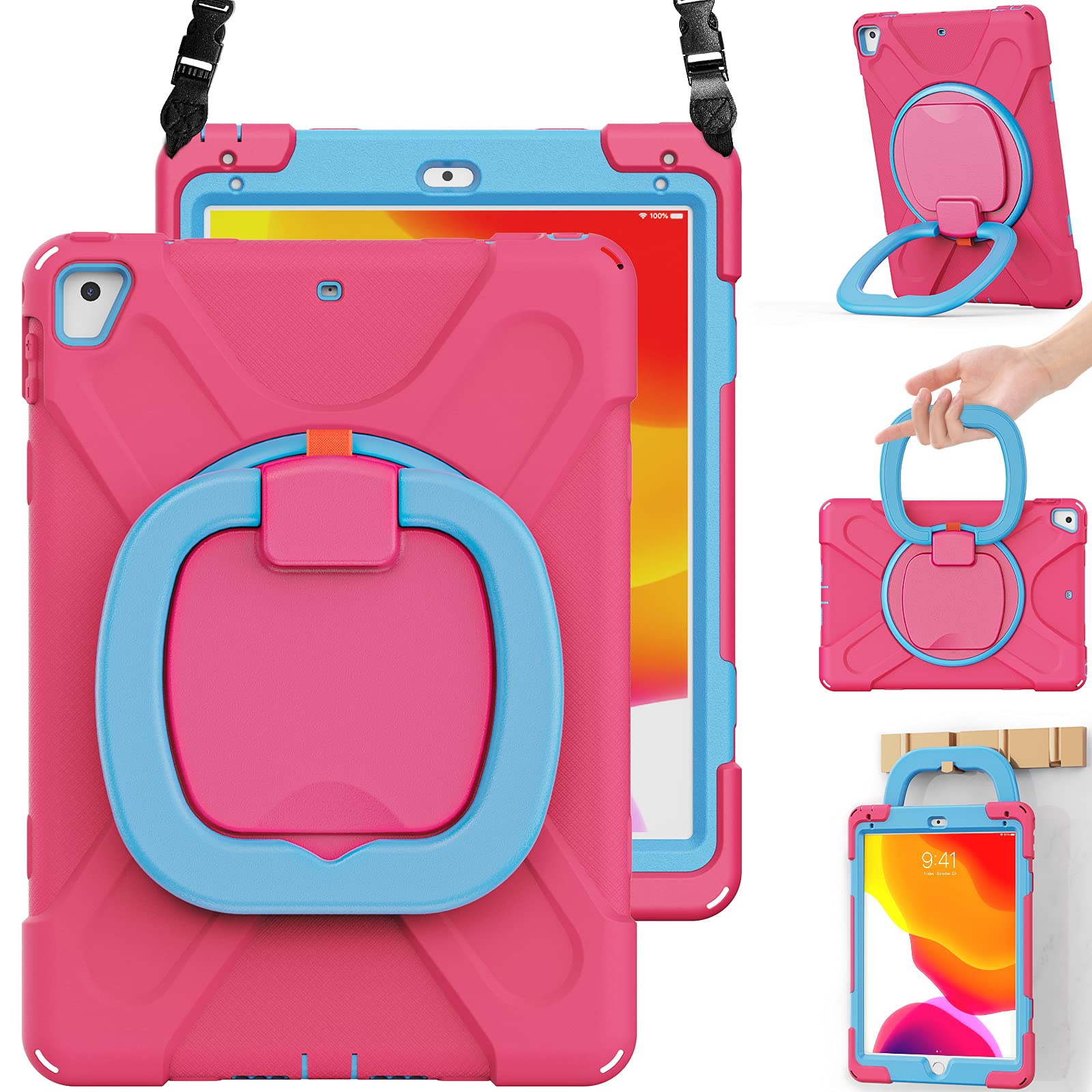 Braecn Case For Ipad 6Th/5Th Generation W/Pencil Holder, 360 Degree Multi Function Grip, Stable Kickstand, Carrying Strap, 3 Lay