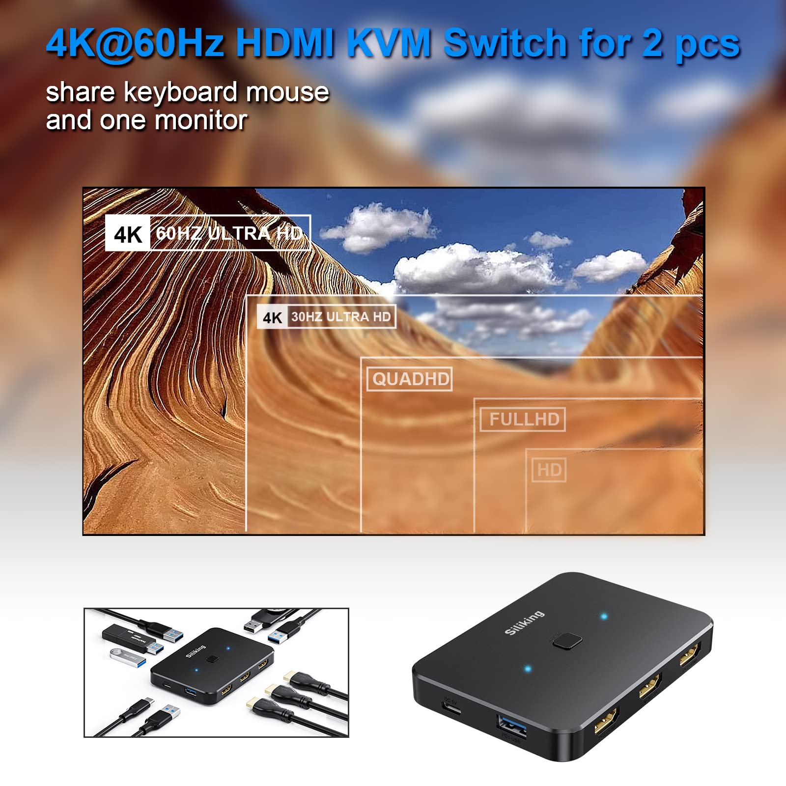 4K@60Hz Hdmi Kvm Switch For 2 Computers, 1 Monitor   Usb Selector With 4 Usb 3.0 Ports For Keyboard, Mouse, Printer, External Ha