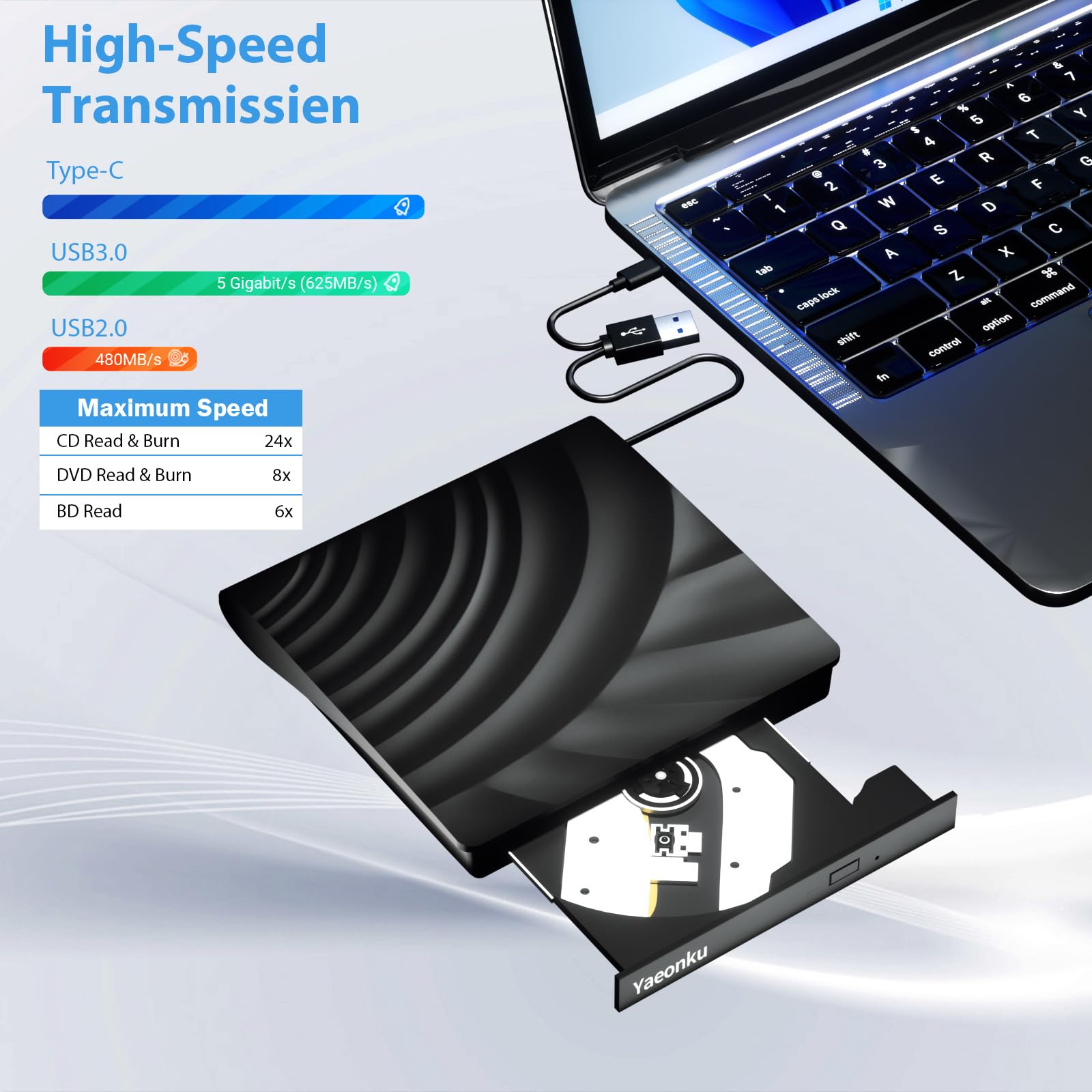 Yaeonku External Blu Ray Drive, Usb 3.0 Type C 3D Bluray Cd Dvd Bd Reader Player Slim Optical Bluray Cd/Dvd Burner For Macbook L