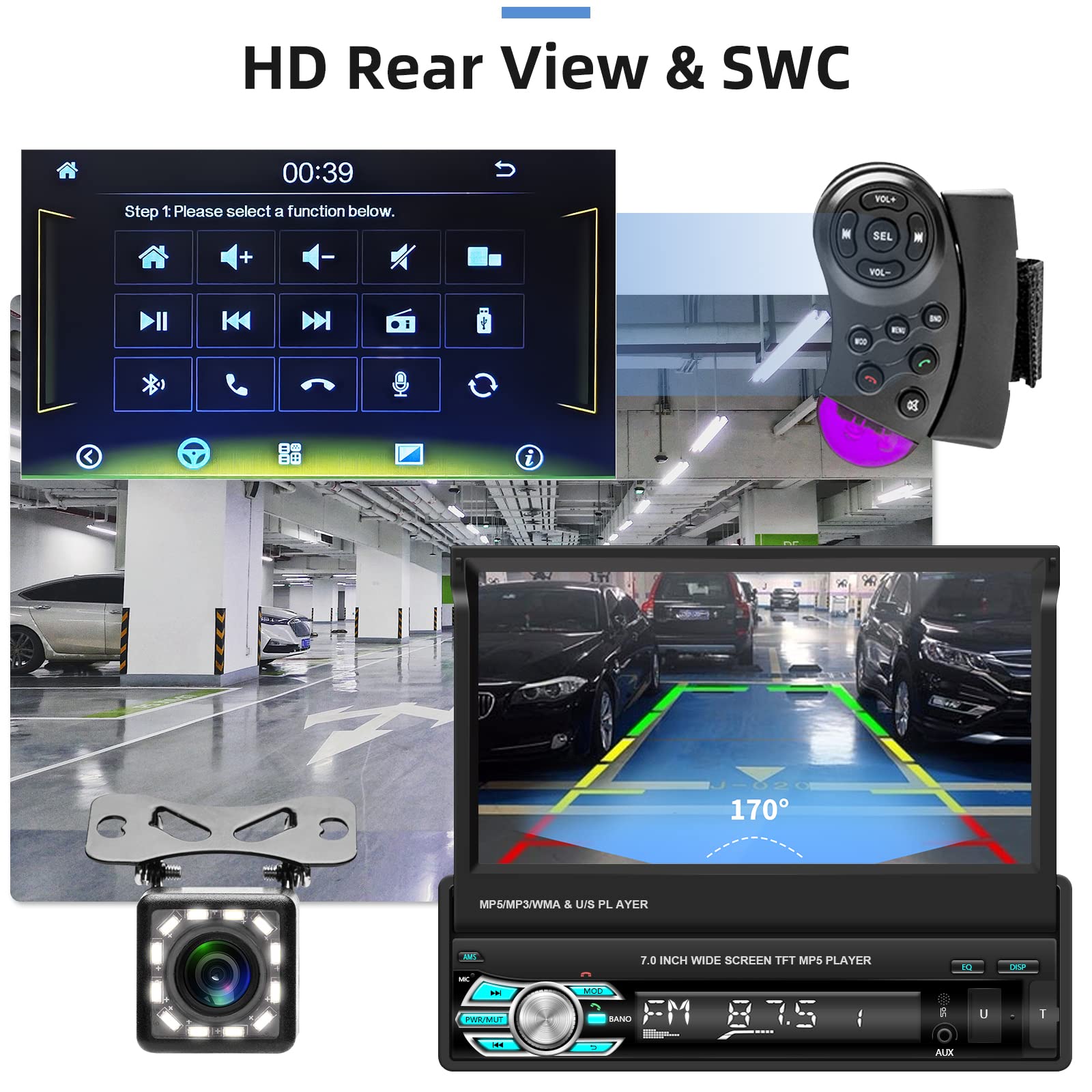 Single Din Apple Carplay Car Stereo Audio Receivers With Android Auto/Airplay Mirrorlink,Podofo 7 Inch Flip Out Car Radio Bluetooth Fm Radio With Hd Backup Camera//Usb/Tf Card/Aux In Ports