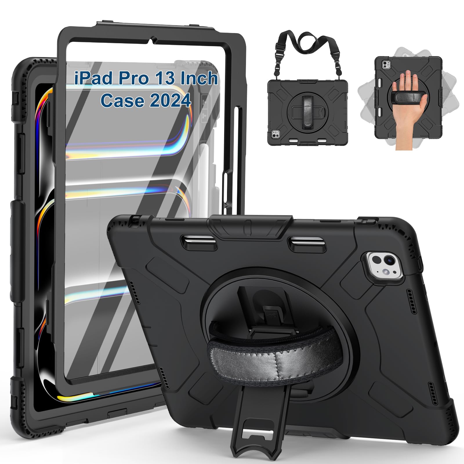 Supfives Case For Ipad Pro 13 Inch 2024 (7Th Gen), With Screen Protector/Shoulder Strap/Pencil Holder/Handle/Rotating Stand, Bla