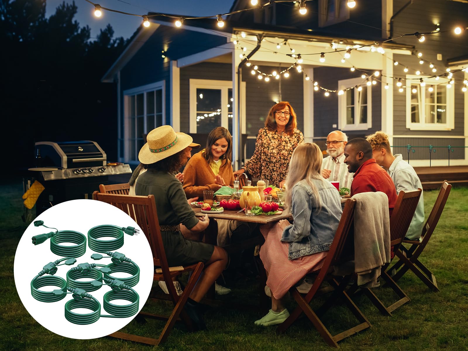 Makevivi 50Ft Outdoor Extension Cord Multiple Plugs  Evenly Spaced 6 Outlets Plugs With Safety Cover, 16/3 Sjtw Green Outdoor Ex