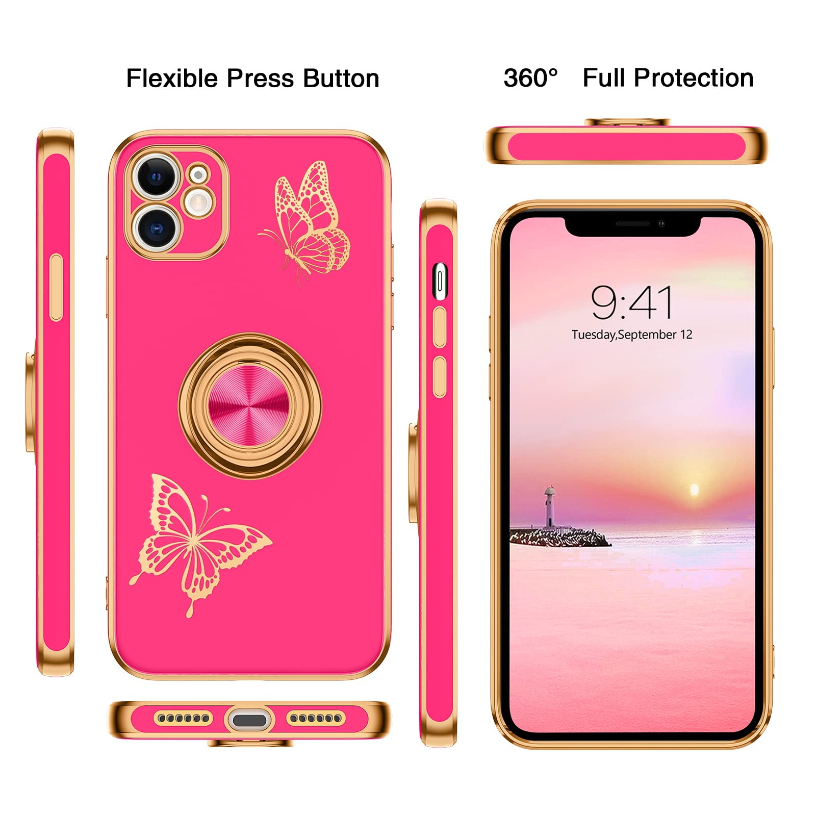 Bentoben For Iphone 11 Case, Phone Case Iphone 11, Slim Fit Gold Butterfly Design Kickstand Ring Holder Shockproof Protection So