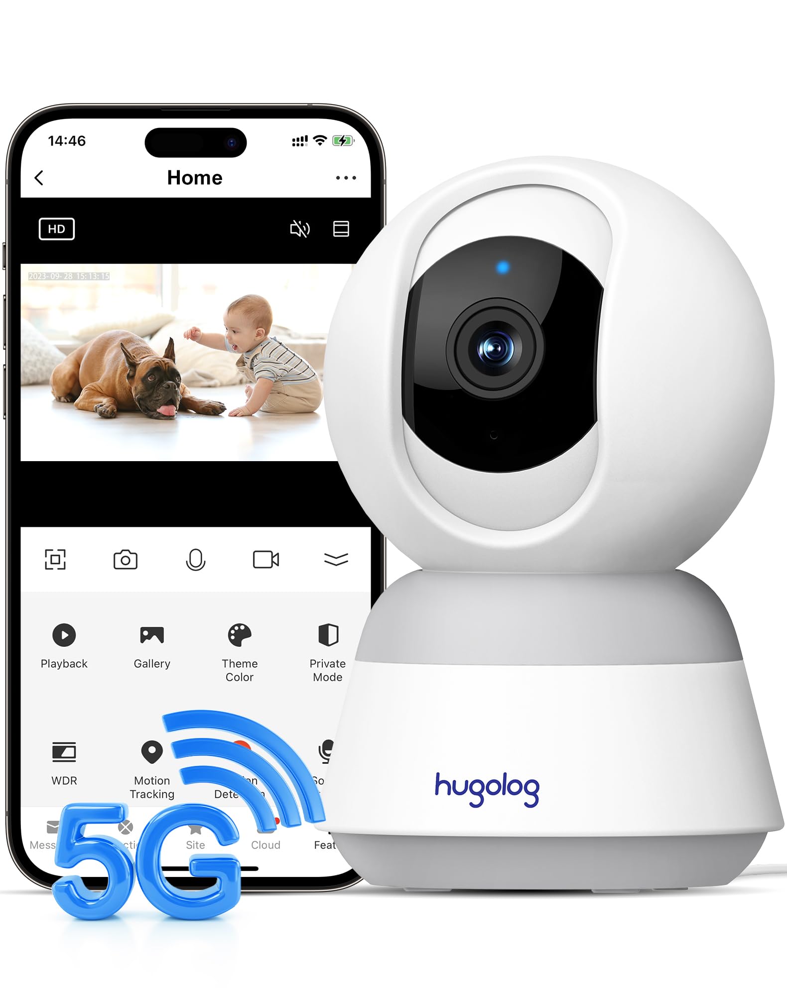 Hugolog 3K 5Mp Indoor Pan/Tilt Security Camera With Auto Focus,2.4 Ghz/5 Ghz,Ideal For Baby Monitor/Pet Camera,Starlight Color N