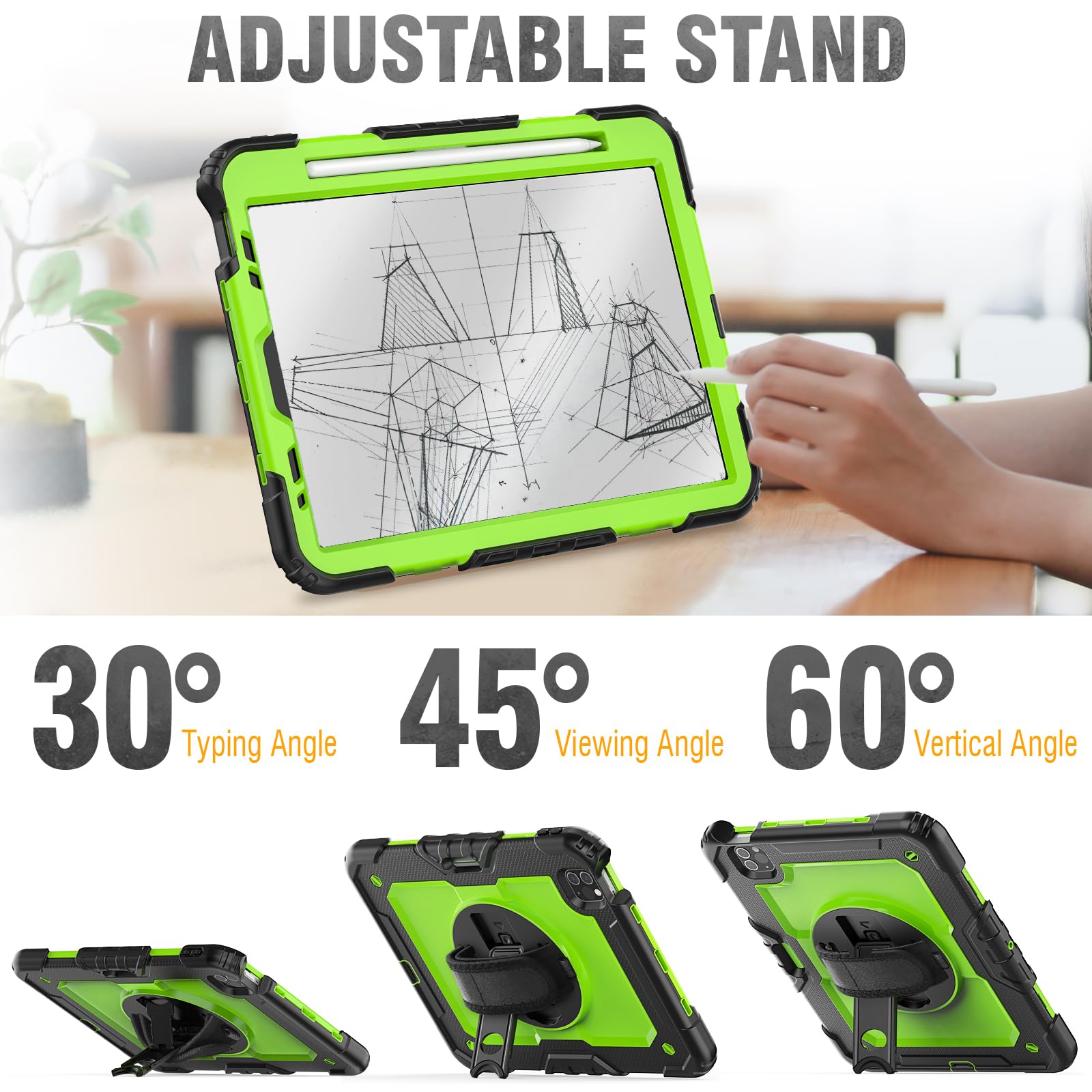 Hxcaseac Case For Ipad Pro 11 Inch Case (2022/2021/2020/2018) Shockproof Design With Pencil Holder/Screen Protector/Rotating Han