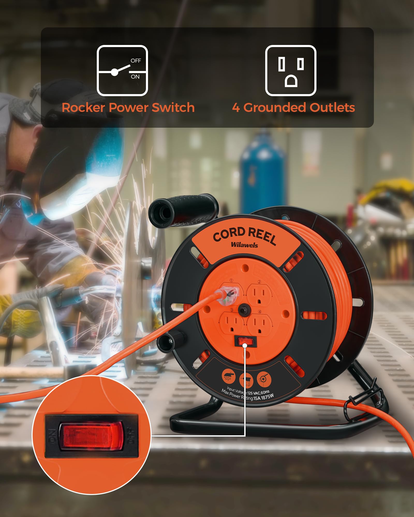 WILAWELS Extension Cord Storage Reel 4-Grounded Outlets G95CR06 15A Circuit Breaker Hand Wind Retractable Orange