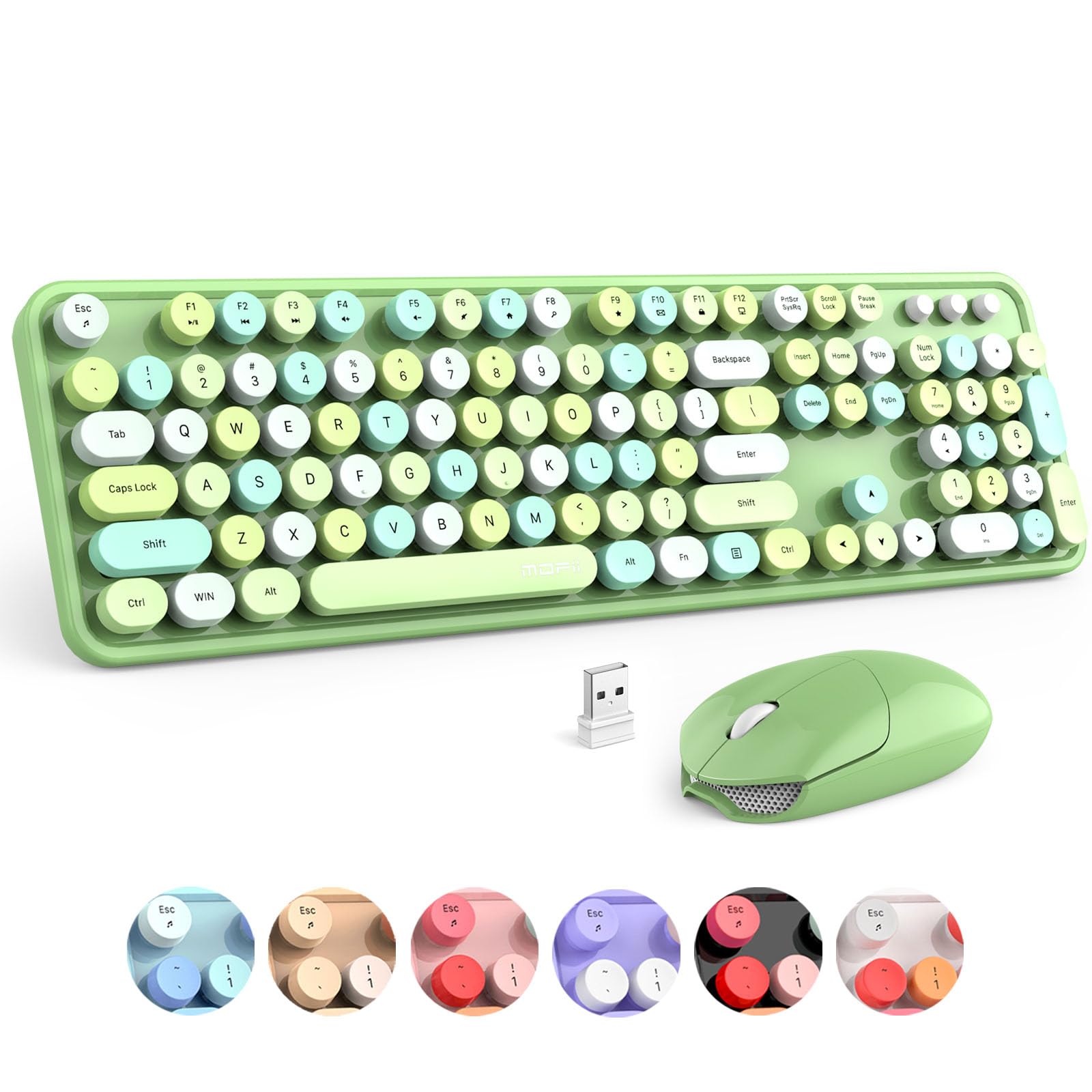 Mofii Wireless Keyboard And Mouse Combo, Retro Green 2.4Ghz Full Size Colorful Keyboards With Round Keycaps, Cute Wireless Mouse
