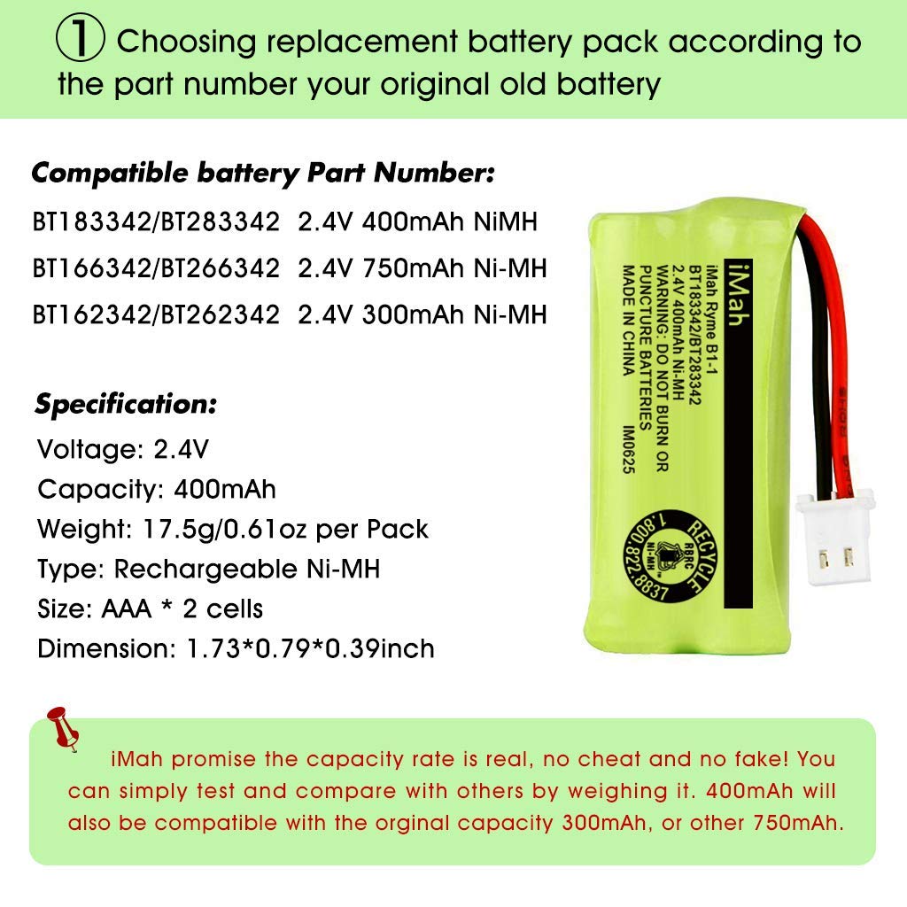 Imah Bt183342/Bt283342 Cordless Phone Battery Also Compatible With Bt166342/Bt266342 Bt162342/Bt262342 At&T El52100 El50003 Cl80