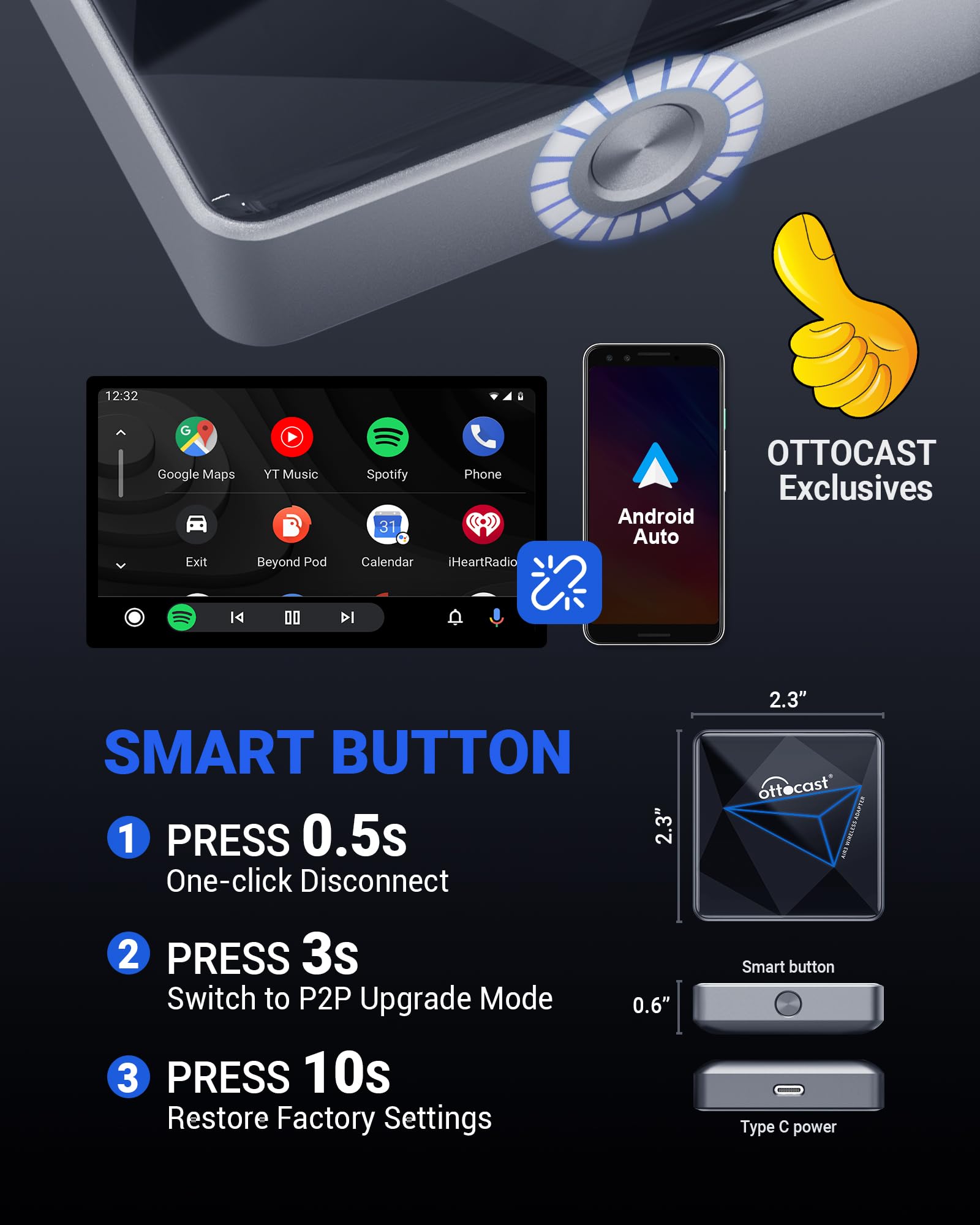 Ottocast Android Auto Wireless Adapter For Car - 2025 Version, Wired To Wireless Dongle, Dual-Band Wifi, Low Latency, Online Upd