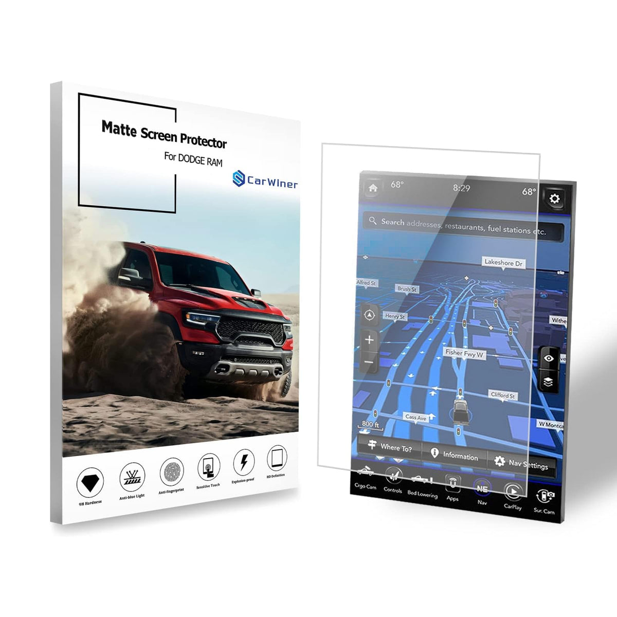 Carwiner Compatible With Dodge Ram Matte Screen Protector 12 Inch 2019-2025 1500 2500 3500 Anti Glare Fingerprint Navigation Protection Tempered Glass Accessories (Matte)