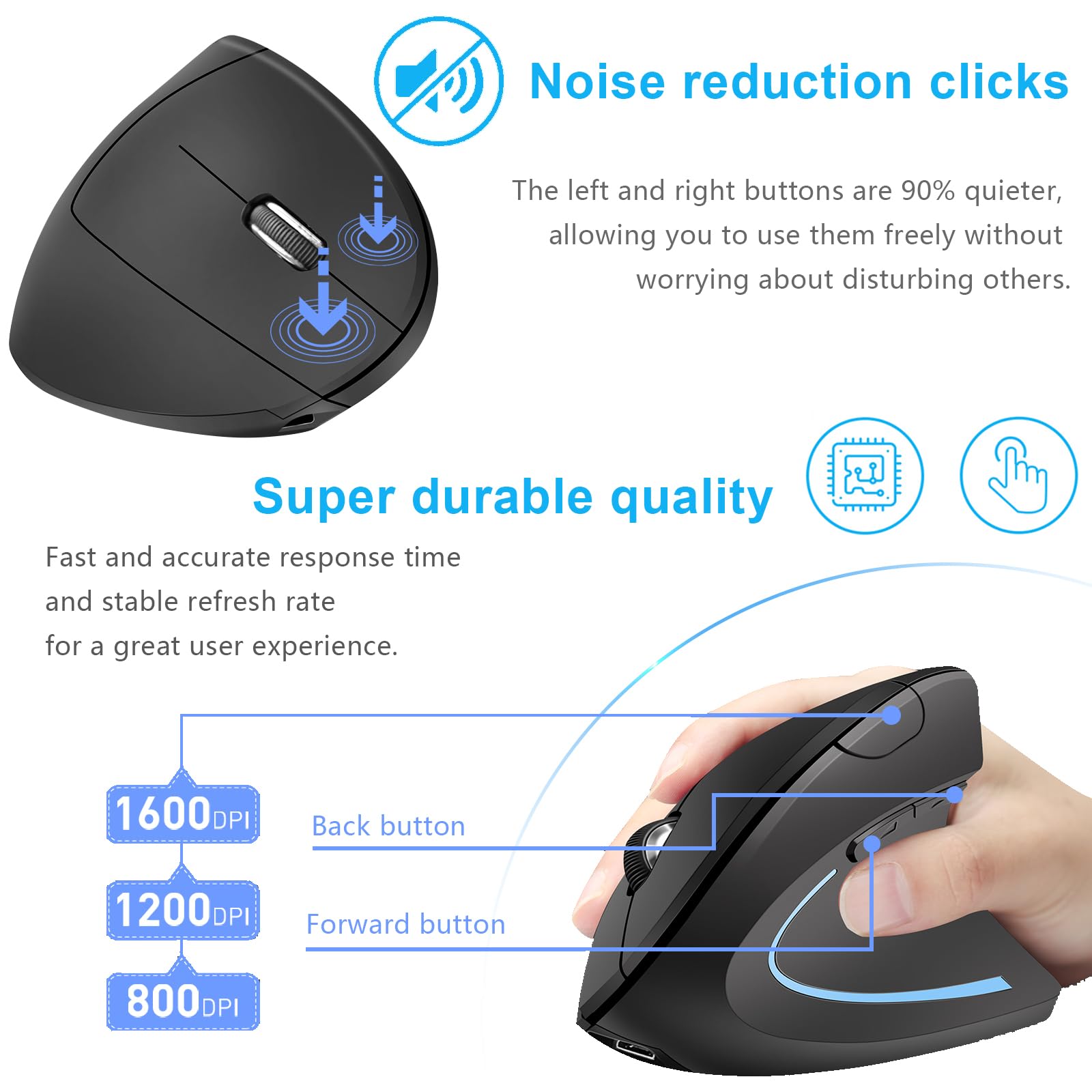 Ergonomic Mouse Vertical  Rechargeable 2.4Ghz Optical (Bluetooth+Usb+Usb C) Modes Wireless Mice  800/1200/1600Dpi 6 Buttons For