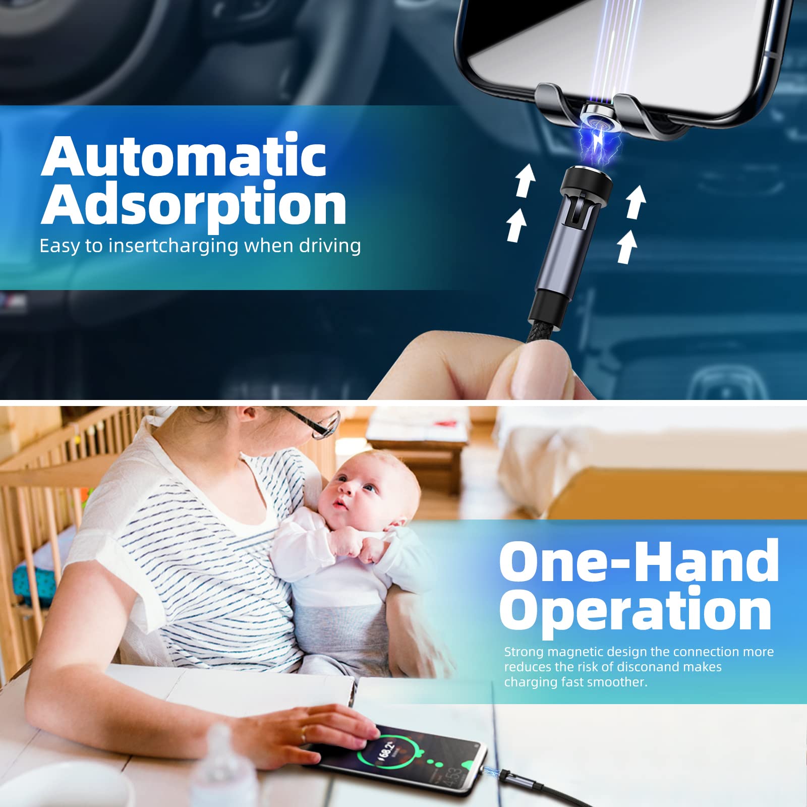 540 Rotation Magnetic Charging Cable, 3 In 1 Magnetic Phone Charger [4 Pack, 3Ft/3Ft/6Ft/10Ft] 3A Fast Charging Cable Support Da