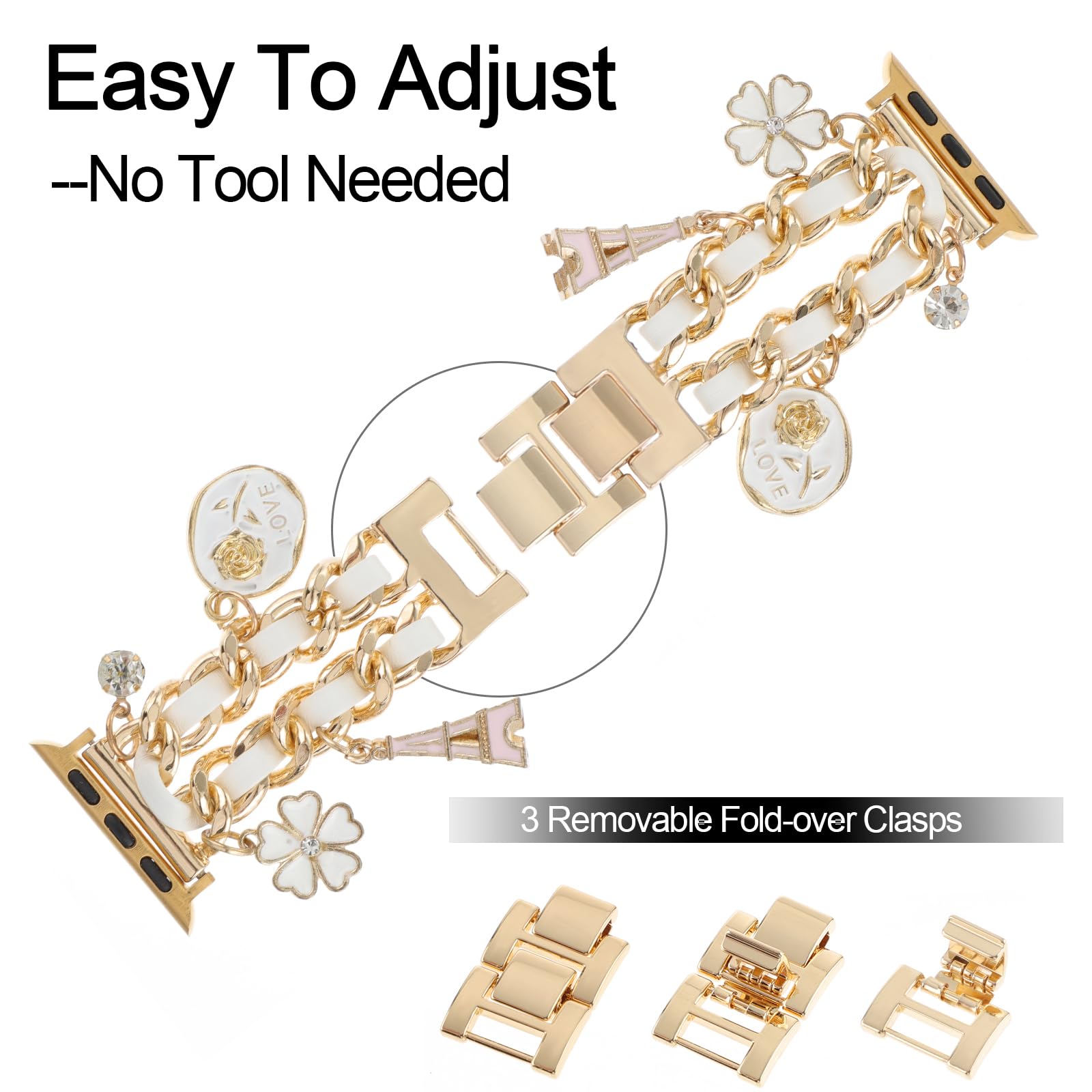 Realsign Gold Metal Cuban Chain Watchband With Cute Pendants, Compatible With Apple Watch 42Mm 45Mm, 49Mm, Suitable For Women, G