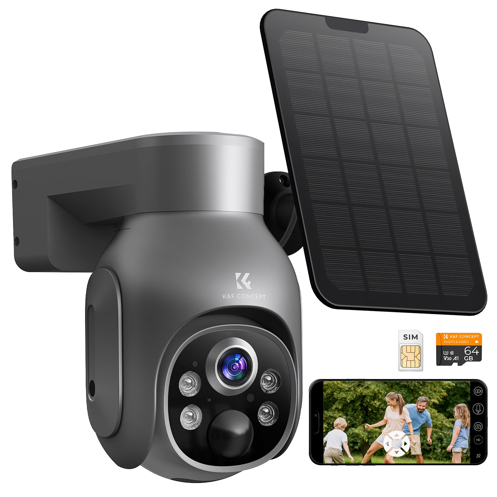 K&F Concept 3G/4G Lte Cellular Security Camera With Sd&Sim Card (Verizon/At&T/T Mobile), No Wifi Needed, Solar Powered, 2K Live Video, 360� Ptz, Color Night Vision, 2 Way Talk, Motion&Siren Alert