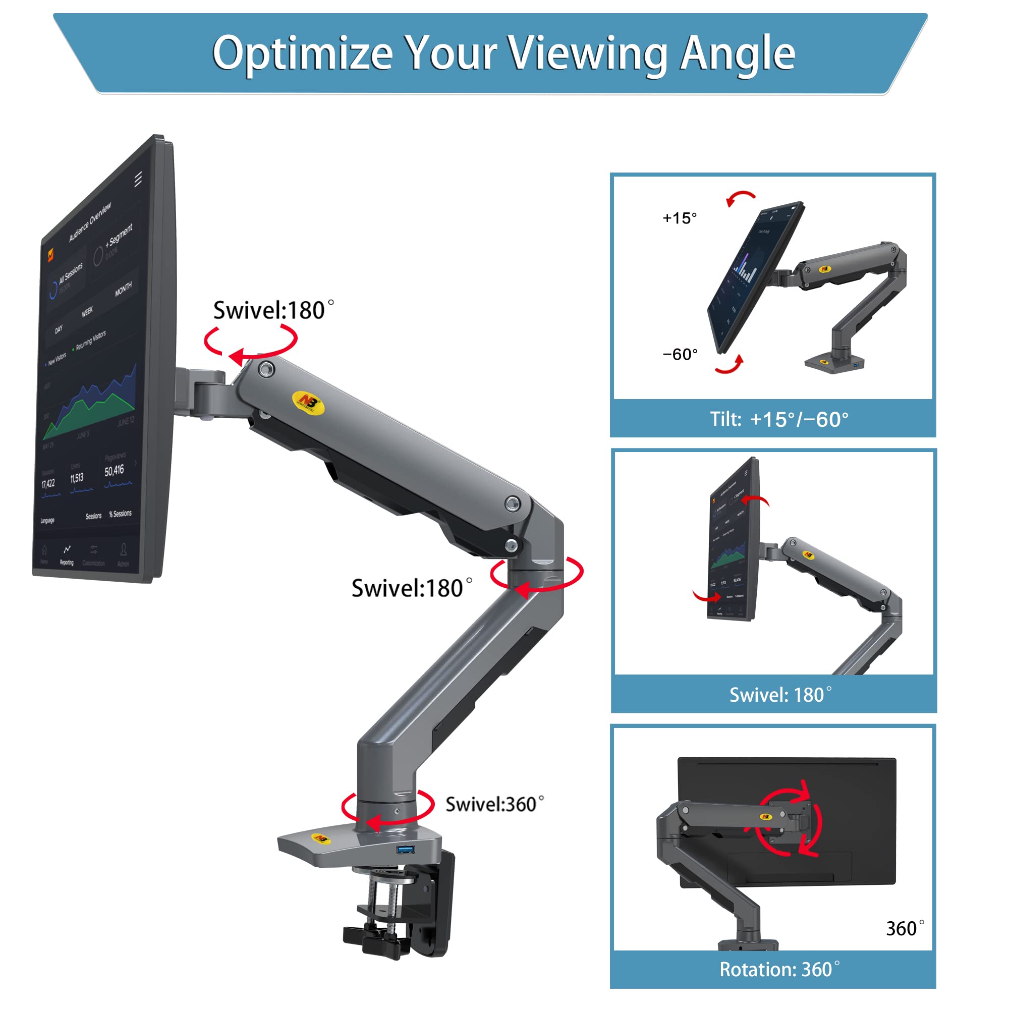 Nb North Bayou Heavy Duty Monitor Arm Desk Mount, Full Motion Monitor Stand Fit For 27'' 45'' Big Screen With Heavy Weight Capac