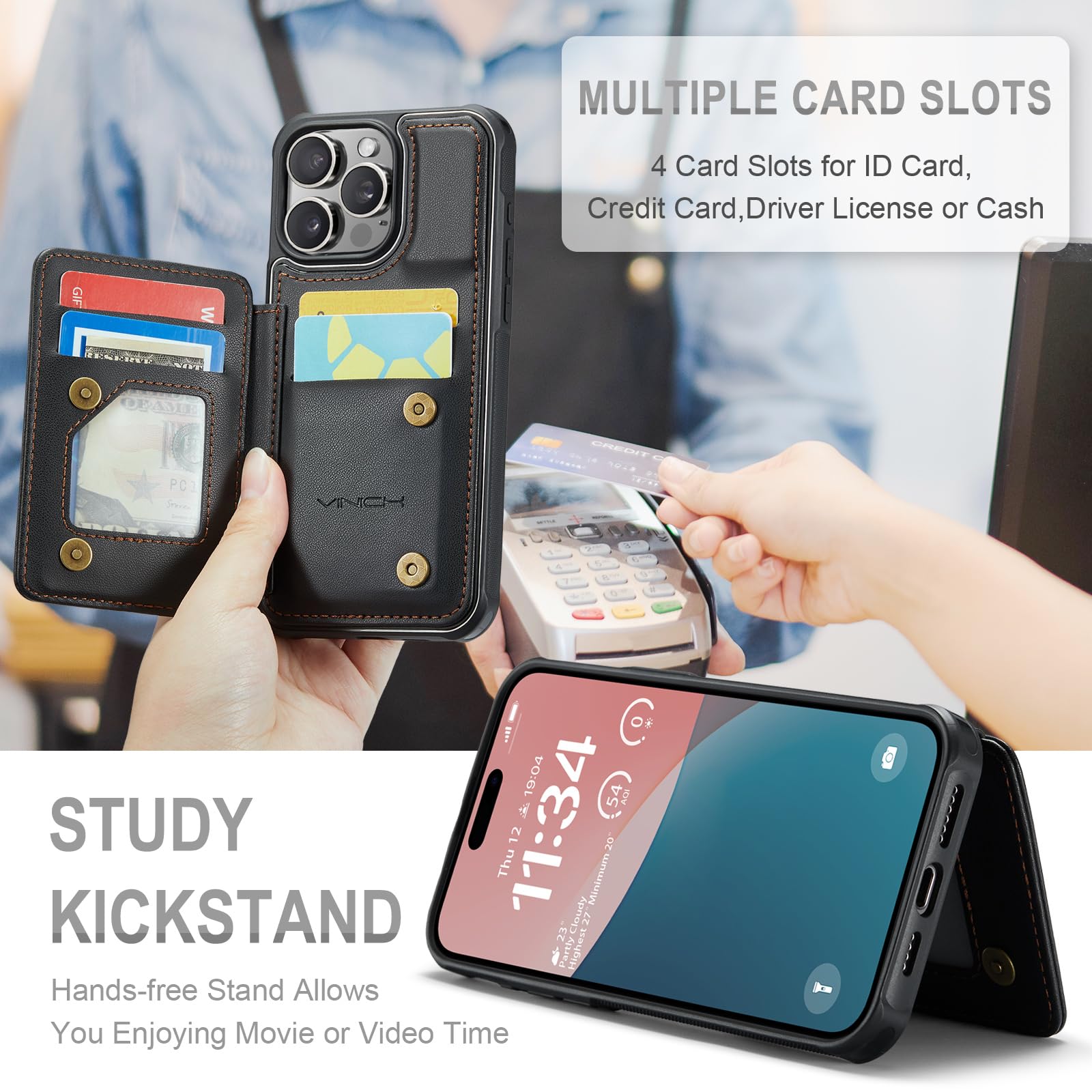 Vinich For Iphone 16 Pro Max 6.9'' Wallet Case With Card Holder, Case For Iphone 16 Pro Max With Rfid Blocking For Women Men, Du