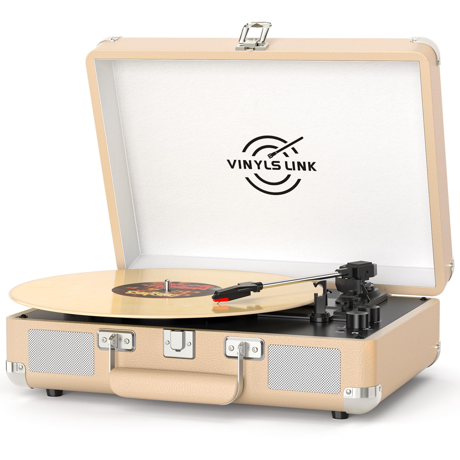 VINYLSLINK Bluetooth Vinyl Record Player with Treble & Bass Adjustment, Vintage Portable Turntable Suitcase with Built-in Speake