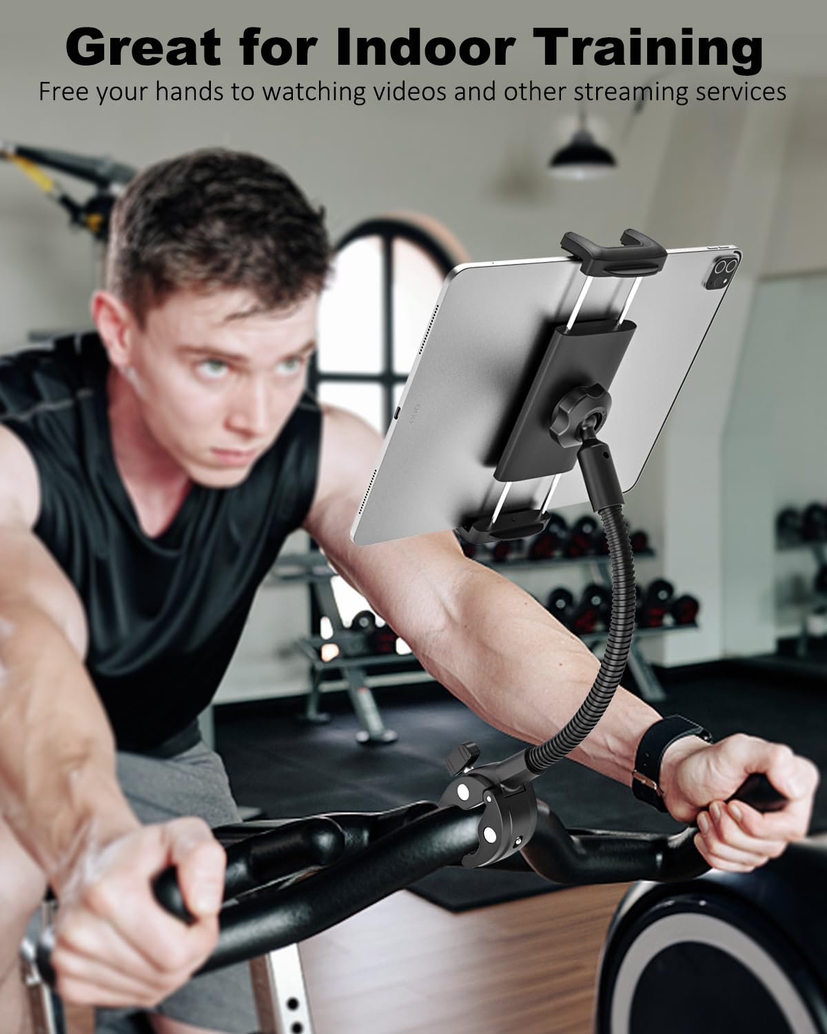 Dosvsi Spin Bike Tablet Holder, Metal Gooseneck Treadmill Tablet Mount, Anti-Shake Treadmill Tablet Mount, Stationary Elliptical