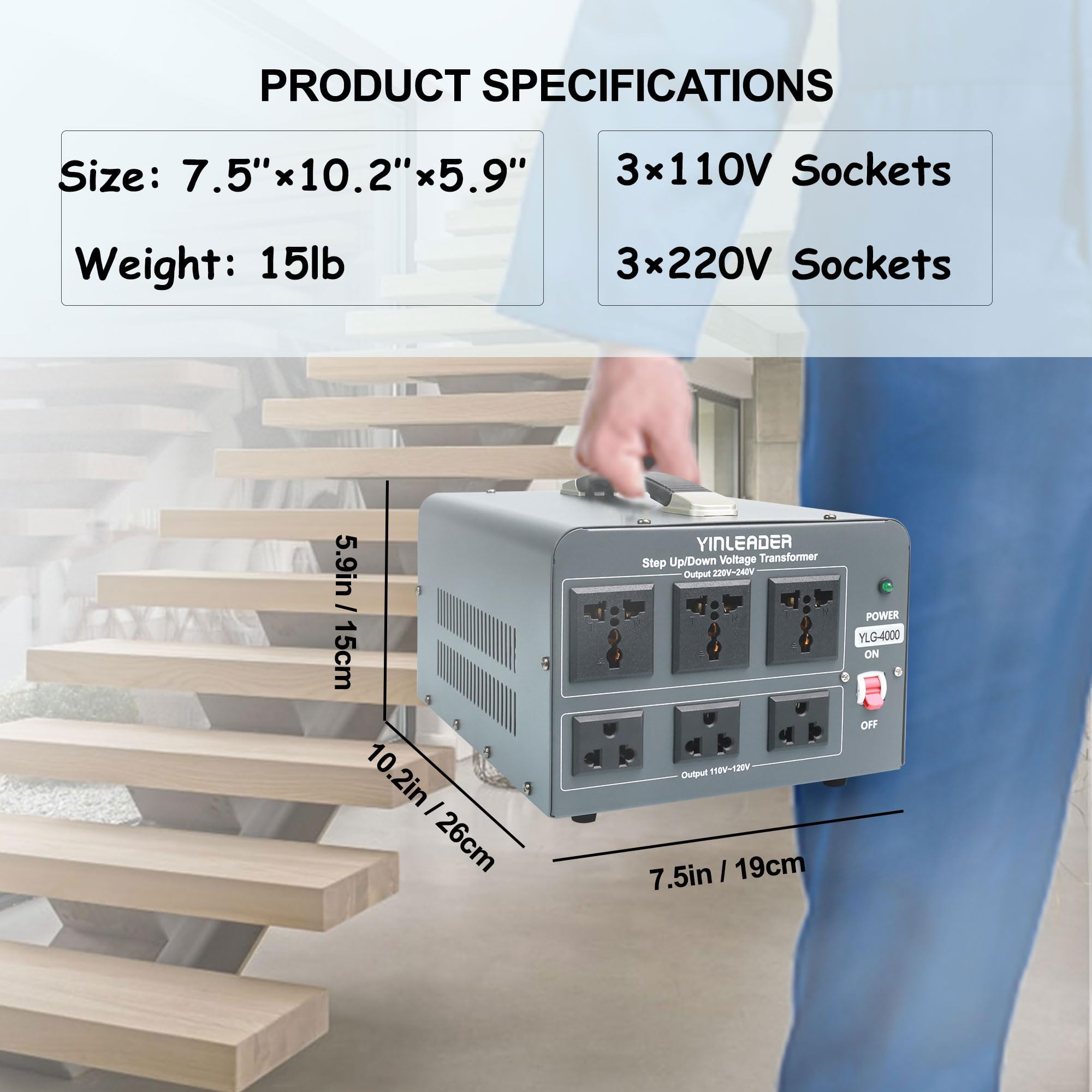 Yinleader 110V To 220V Voltage Converter Transformer 4000W Step Up/Down 110/120 220/240V With Us And Universal Outlet,Resettable