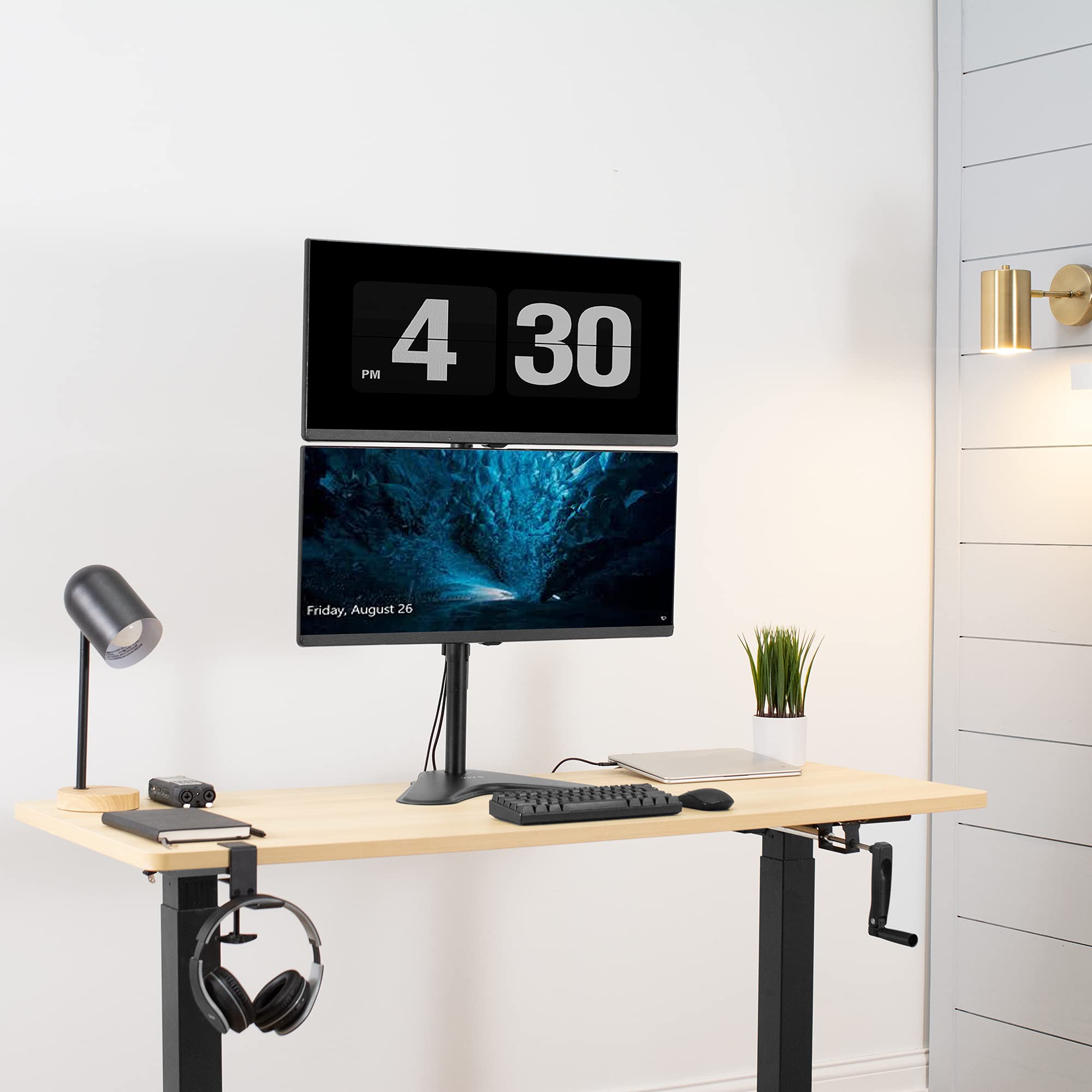 VIVO Dual Monitor Desk Stand Free Standing LCD Mount, Holds in Stacked Vertical Position 2 Ultrawide Screens up to 34 inches, Black, STAND V002L
