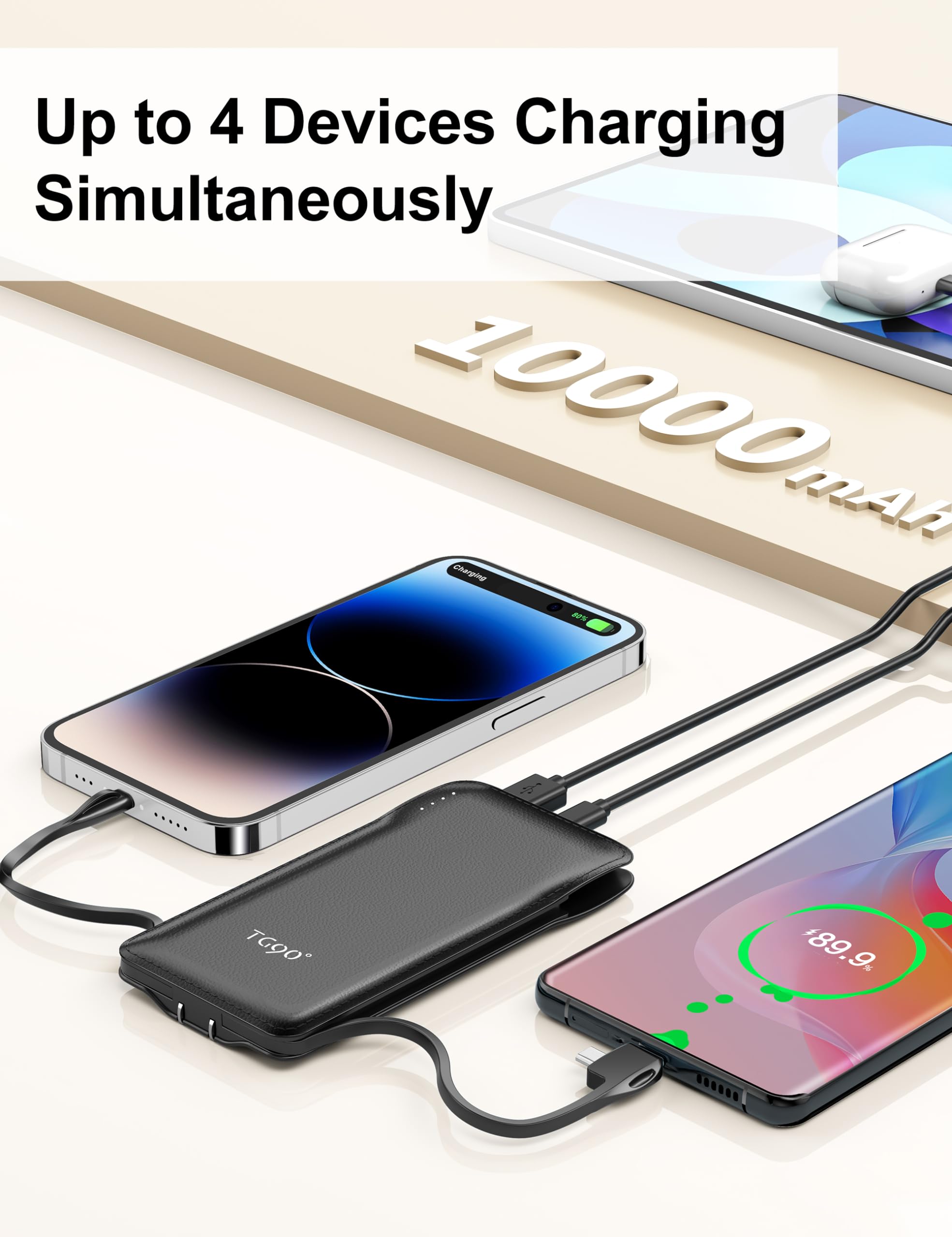 Tg90 2 Pack 10000Mah Power Bank Built In Foldable Ac Wall Plug And Cables,Ultra Slim Compact Cell Phone Fast Charger,External Ba