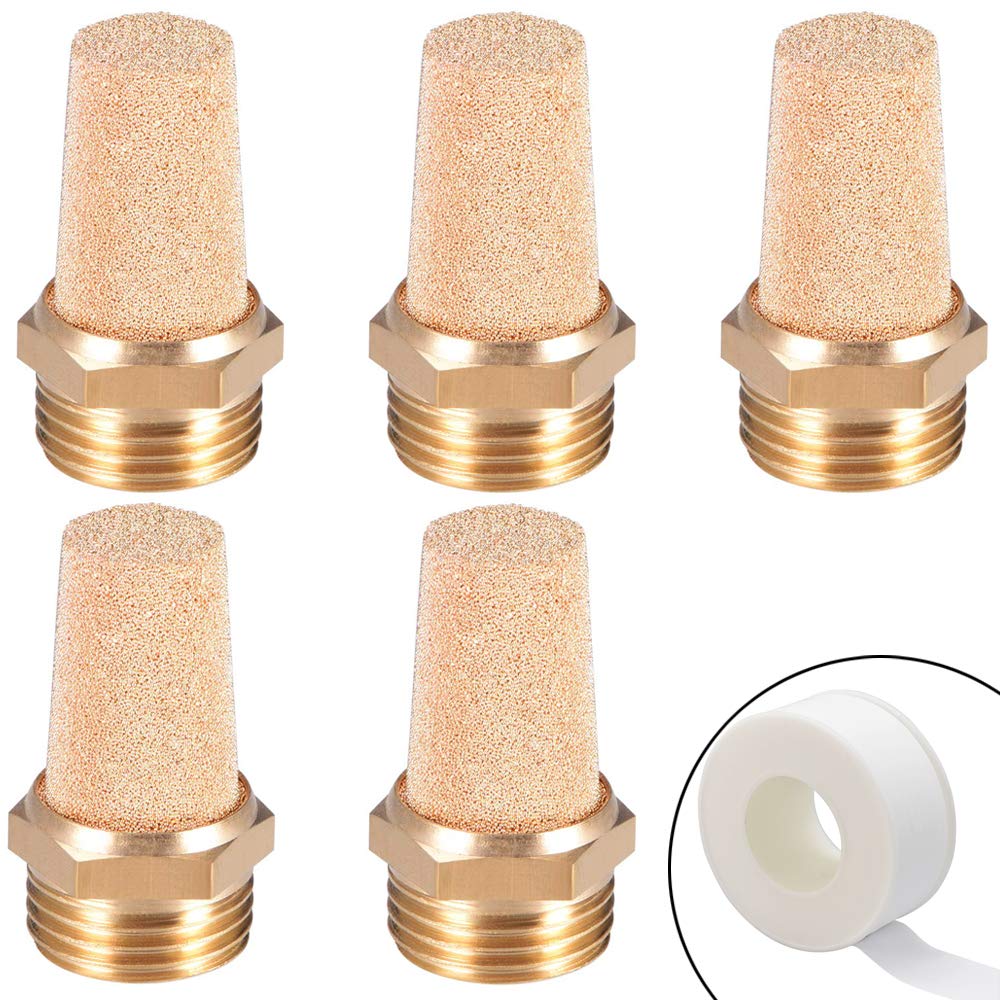 Zlyy 5Pcs Brass Air Pneumatic Mufflers, 1/2'' Male Thread Hex Sintered Bronze Exhaust Muffler Silencer (Pack Of 5 With 1 Teflon